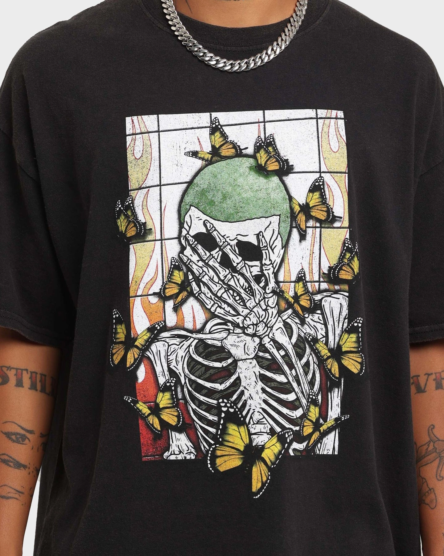 Goat Crew Green Skeleton Vintage T-Shirt Washed Black Soft Touch Texture BiodegradableMaterial