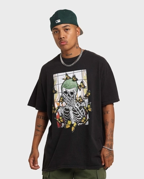 Stretchable Fabric Goat Crew Green Skeleton Vintage T-Shirt Washed Black
