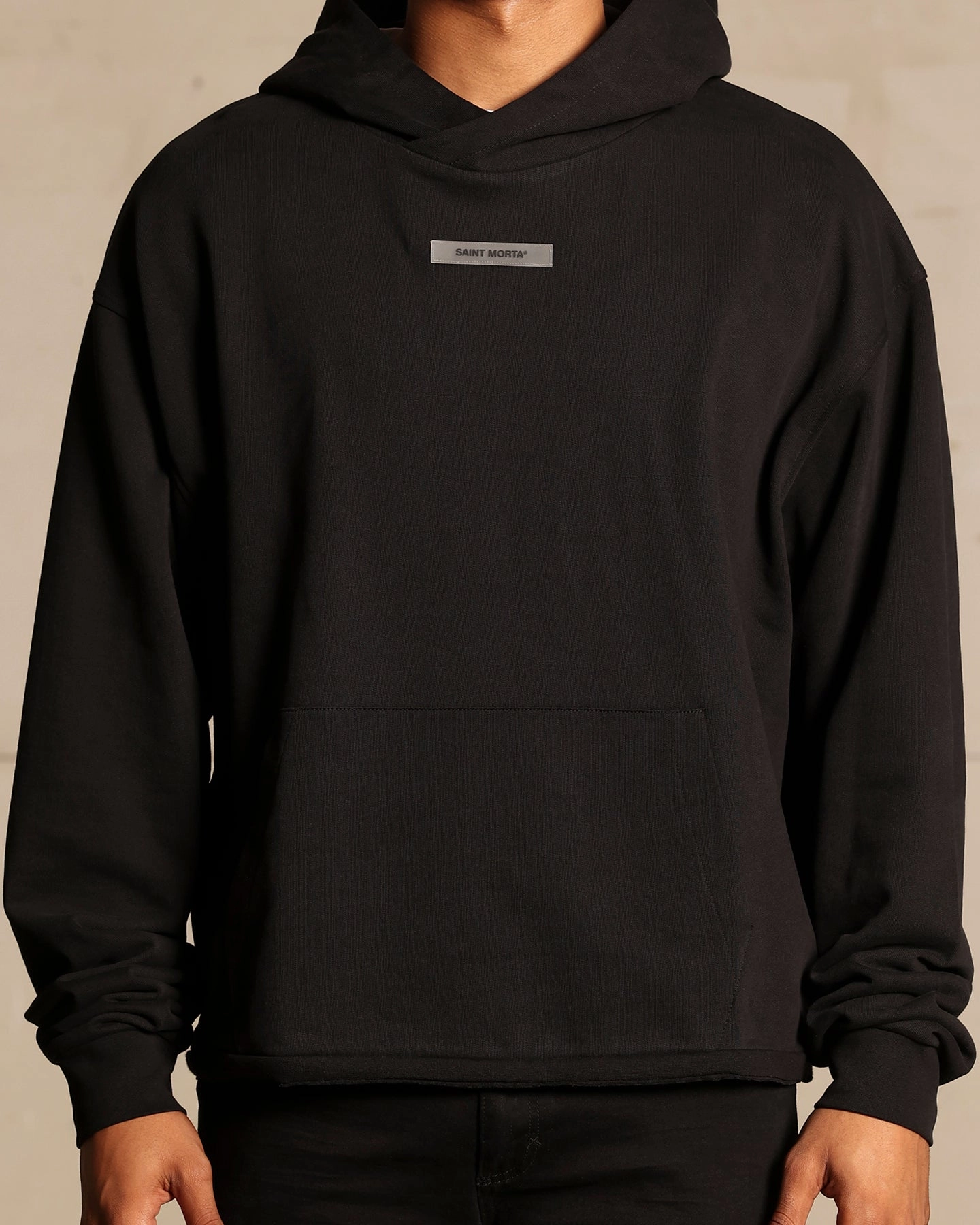 Saint Morta Monogram Boxy Hoodie Black ConvertibleCollar Aid