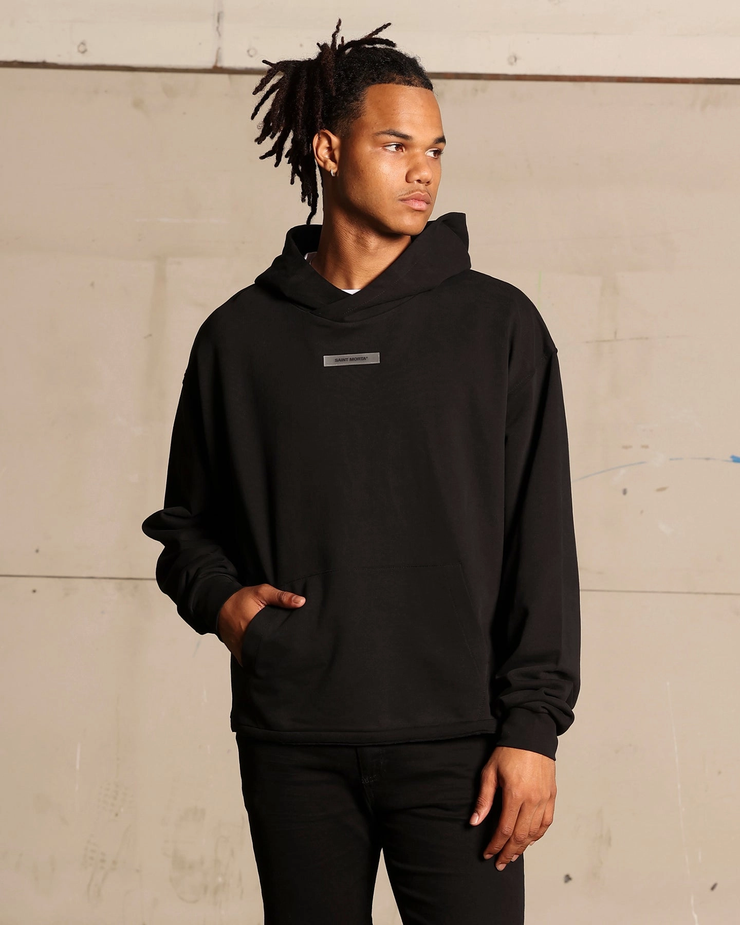 Storm Protection Core Style Saint Morta Monogram Boxy Hoodie Black