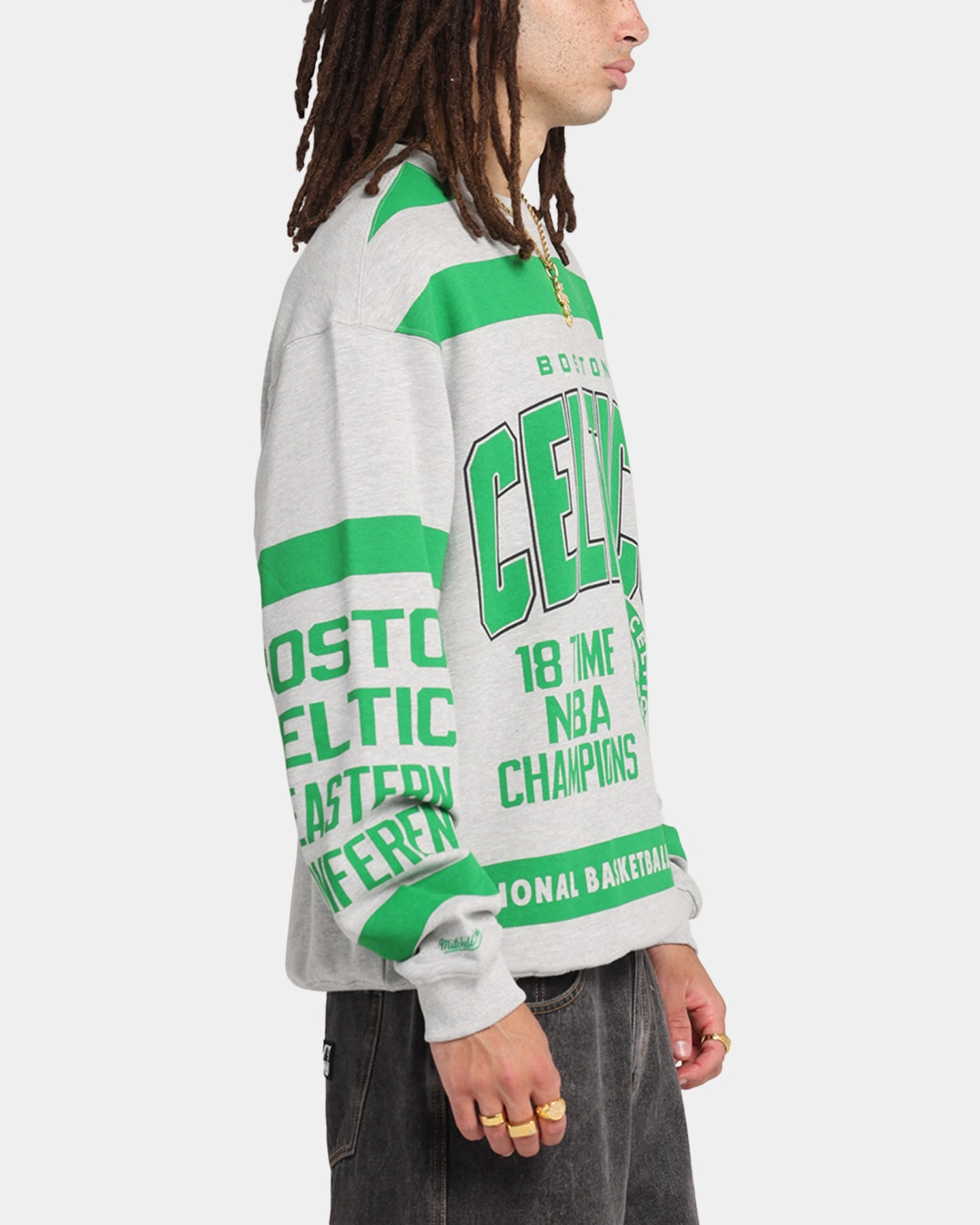 Sleek Style Neutral Style Mitchell & Ness Boston Celtics Letterform Crewneck Grey Marle/Official Team Color