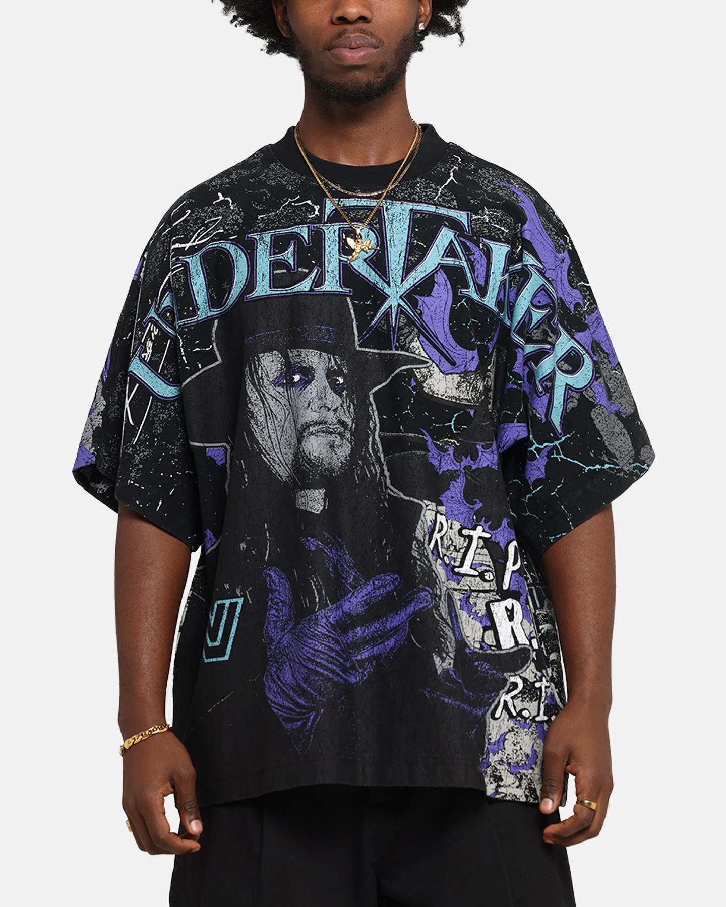 Multi Panel Structure Culture Kings X WWE Undertaker All Over Print T-Shirt Black