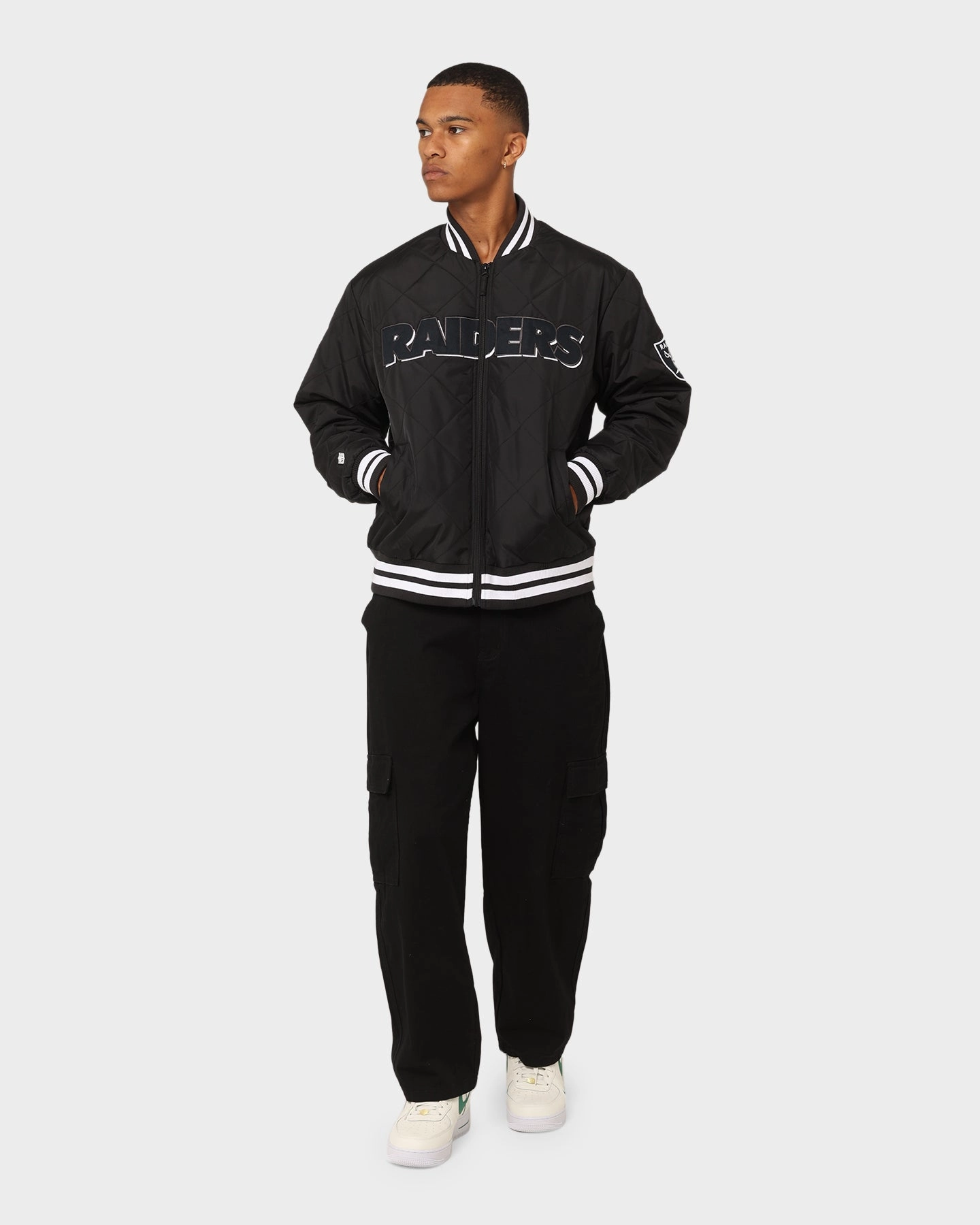 Double Layered Insulation Flexible Elbow Panels Majestic Athletic Las Vegas Raiders Tonals Quilted Varsity Jacket Black