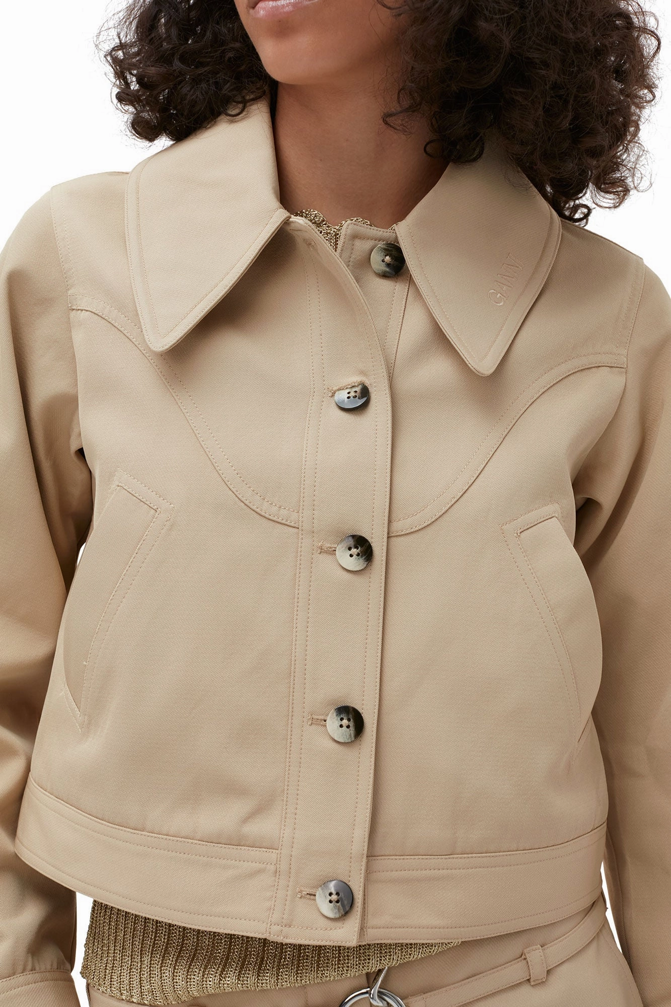 Ganni Heavy Twill Short Jacket 'Khaki' Mold Resistant Coating Durable zipper pull