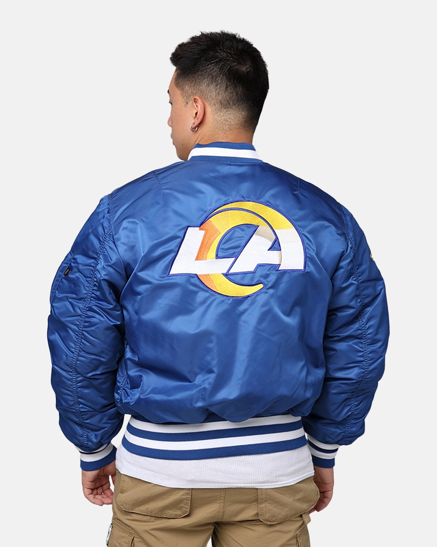 New Era X Alpha Series X NFL Los Angeles Rams MA-1 Bomber Jacket Royal/Black Discuss Windproof Construction