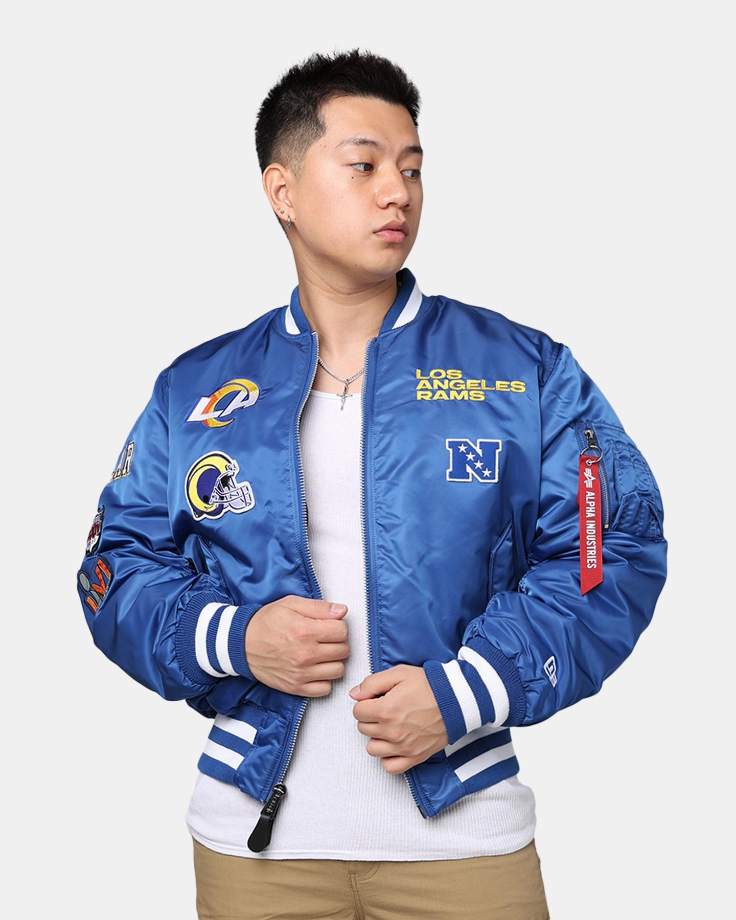 New Era X Alpha Series X NFL Los Angeles Rams MA-1 Bomber Jacket Royal/Black Cordlock Adjustment System