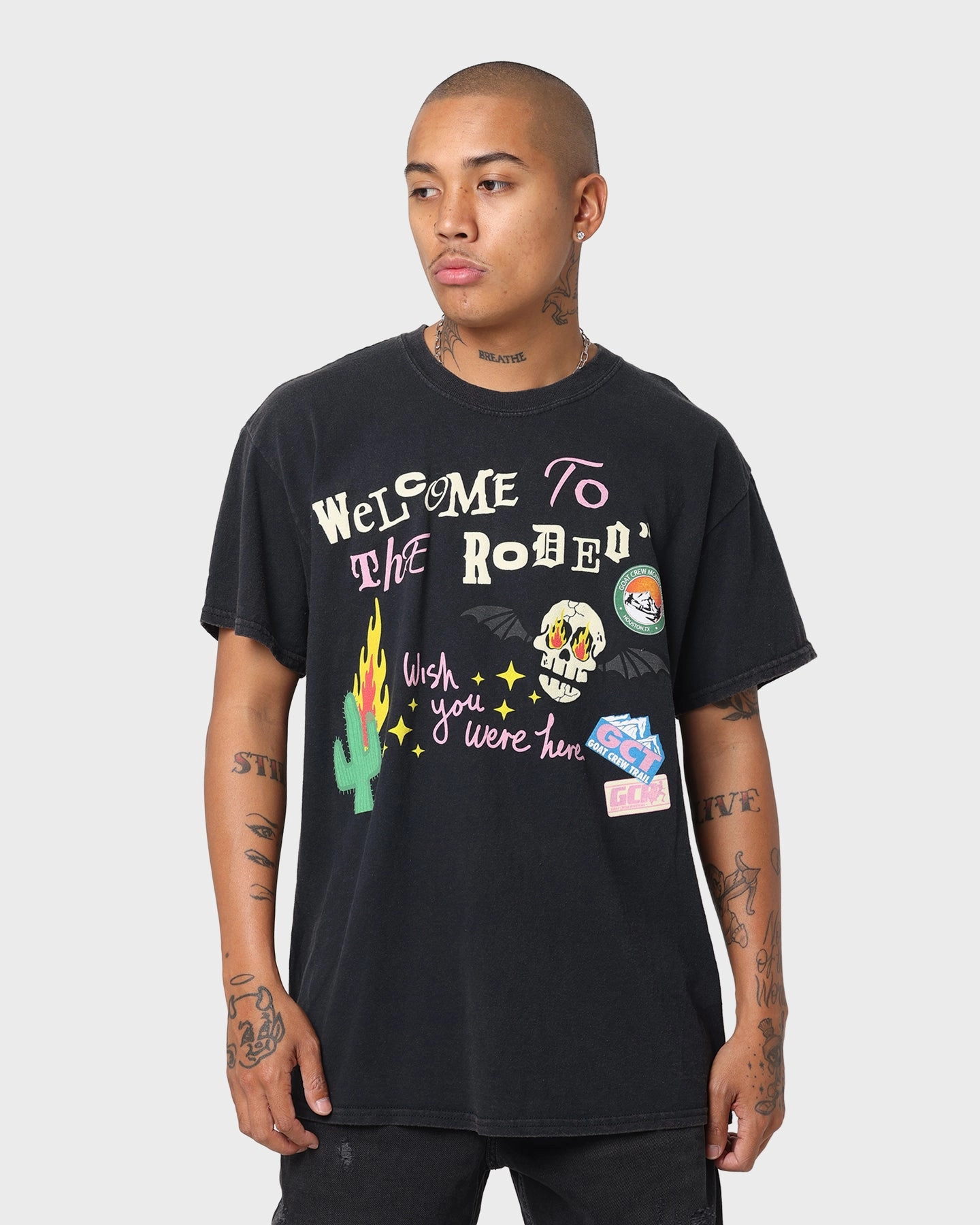 Customizable Reinforced Hems Goat Crew Welcome Vintage T-Shirt Black Wash