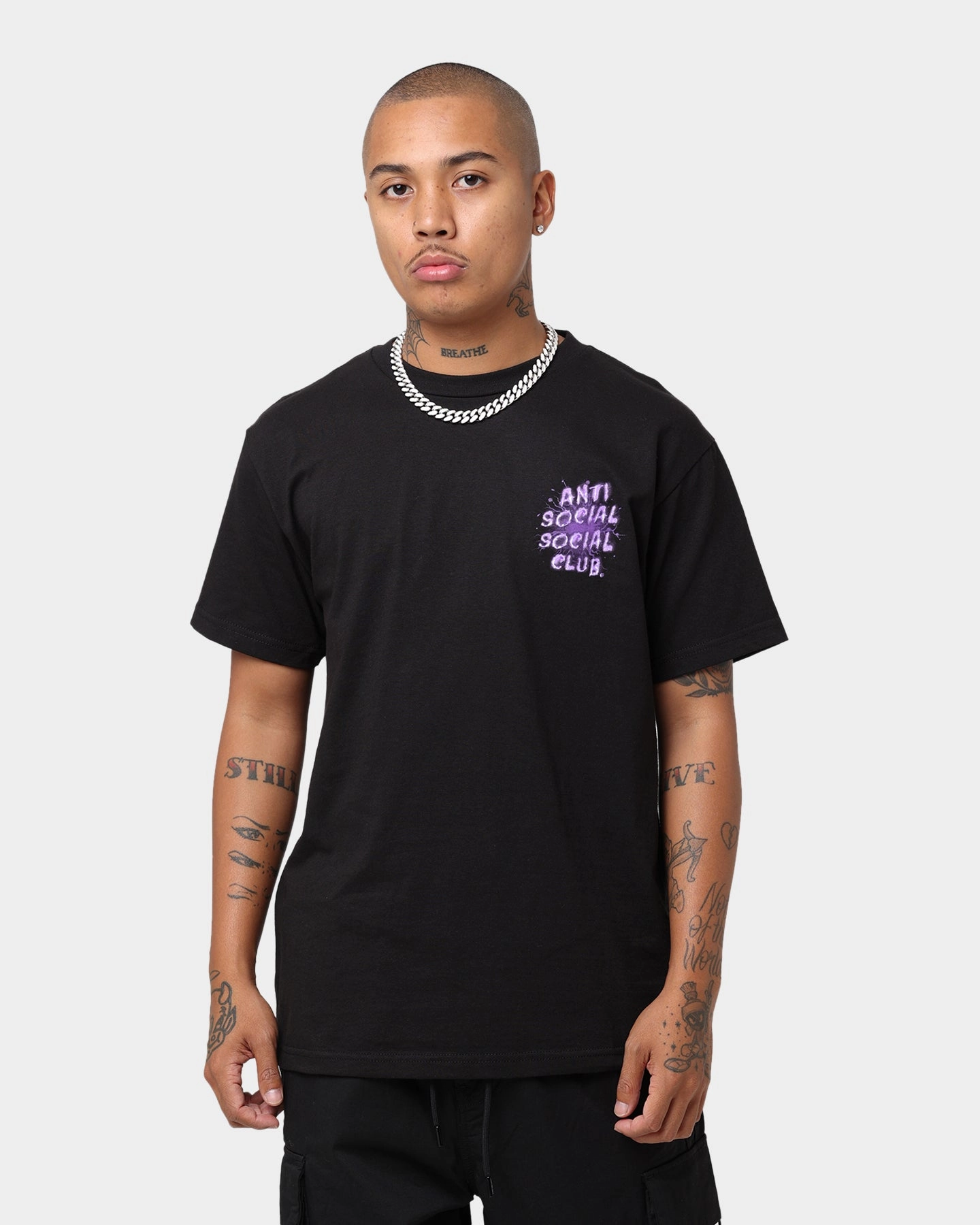 V neck style Layered Sleeve Construction Anti Social Social Club I See Grape T-Shirt Black