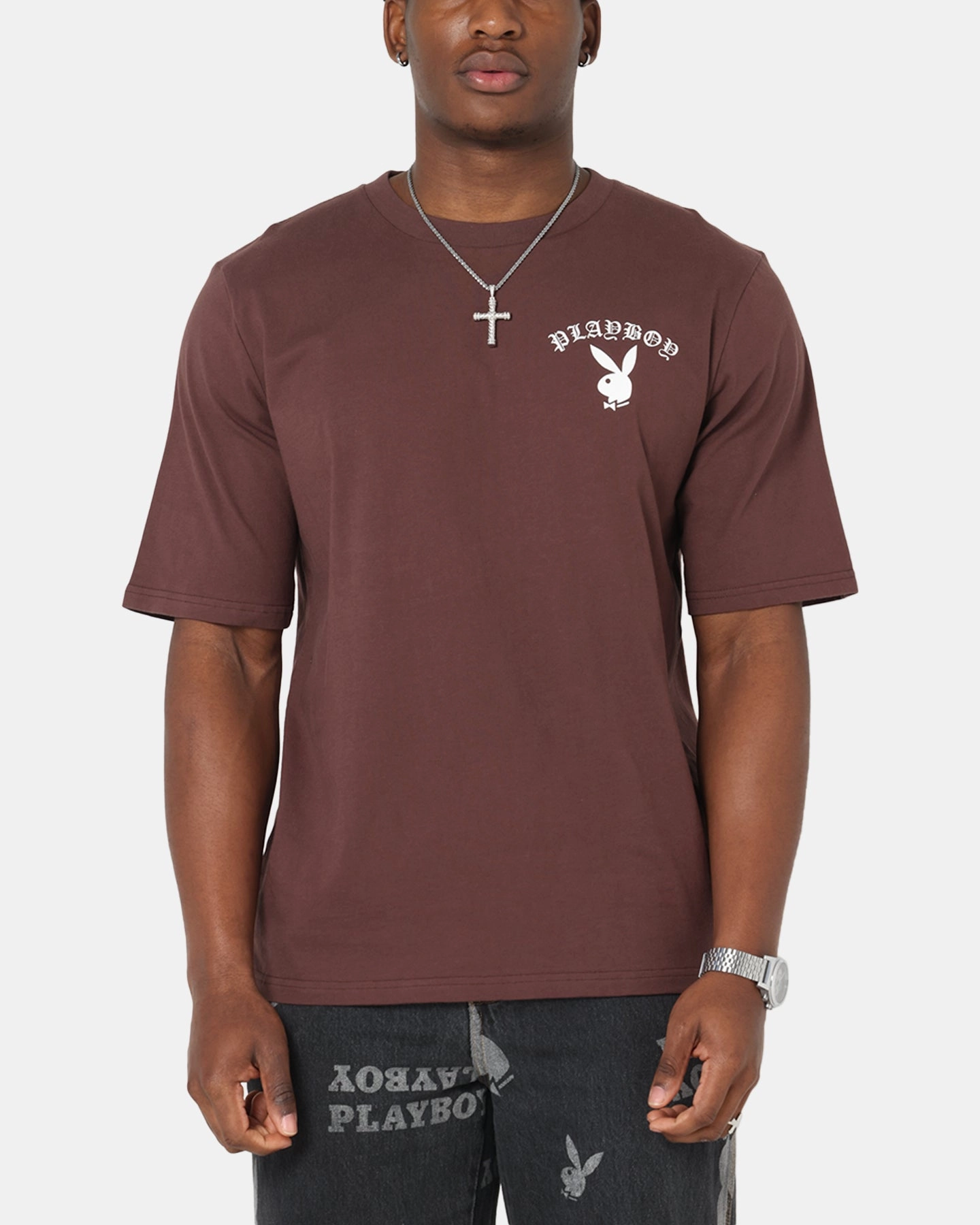 Playboy Gothic Mono Lips T-Shirt Washed Brown Chill Vibe Relaxed Smart
