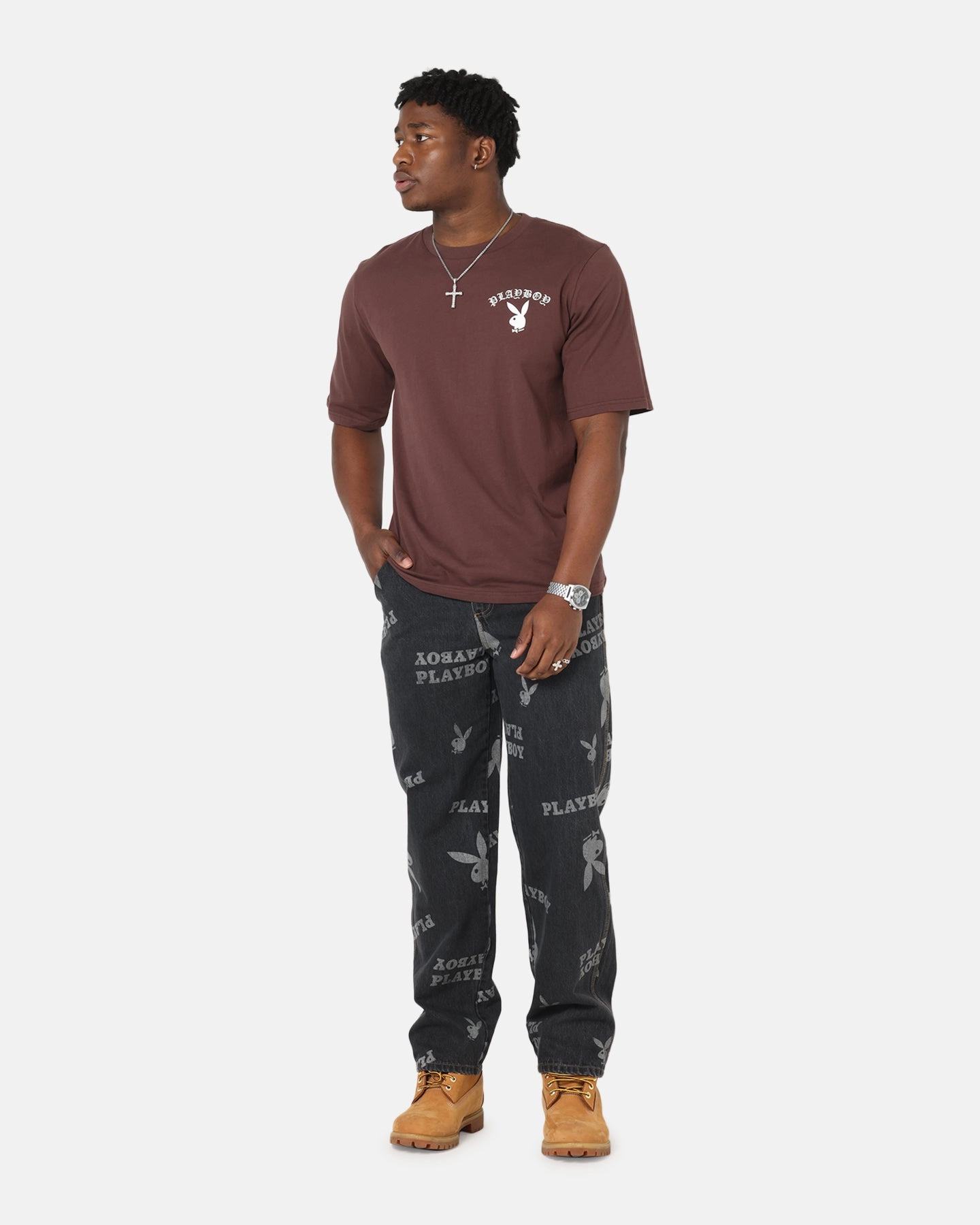 Playboy Gothic Mono Lips T-Shirt Washed Brown Active Trend Look Cool and Comfortable