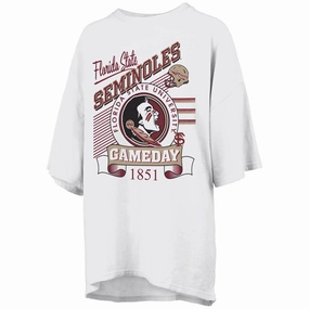 Pressbox Women's Florida State Seminoles/Seminole Logo Gameday Design Oversized Short Sleeve T-shirt - White SoftenedTexturedWeave