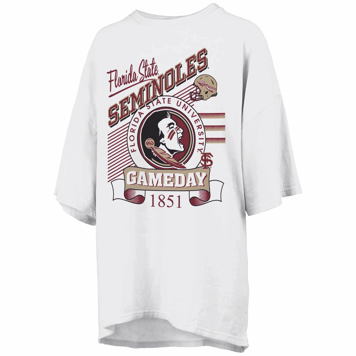 Pressbox Women's Florida State Seminoles/Seminole Logo Gameday Design Oversized Short Sleeve T-shirt - White SoftenedTexturedWeave