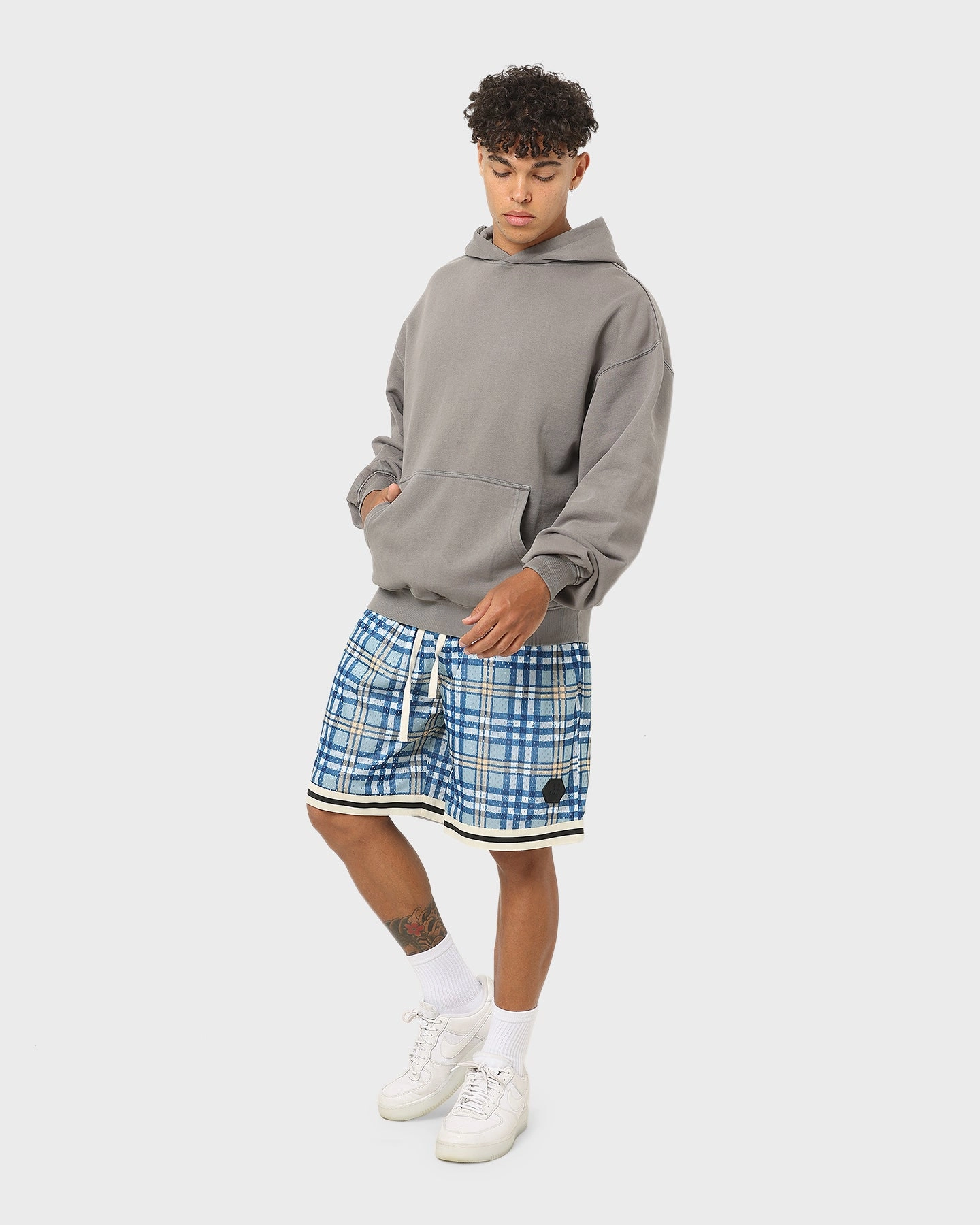 EN ES Team Basketball Shorts Blue Plaid Secure Pocket Zippers Pre Shrunk Cotton Blend