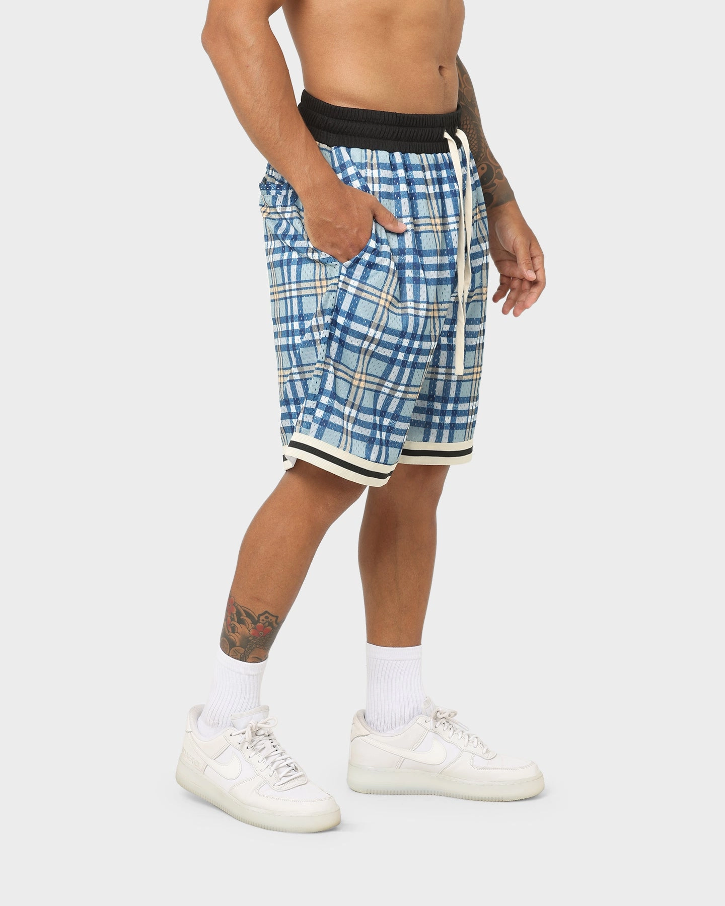 Streetwear Fun Prints EN ES Team Basketball Shorts Blue Plaid