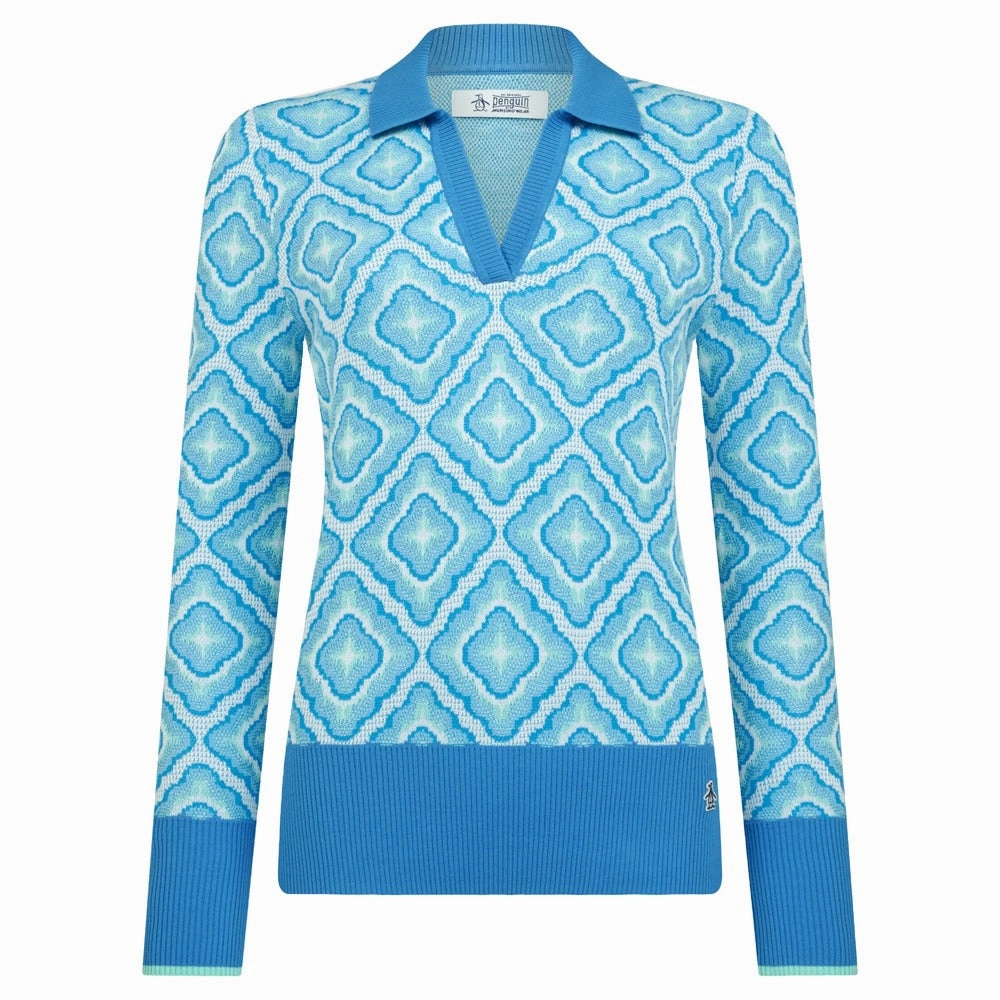 Original Penguin Lattice Jacquard Golf Sweater French Blue - SP25 Women Layered Hem Design