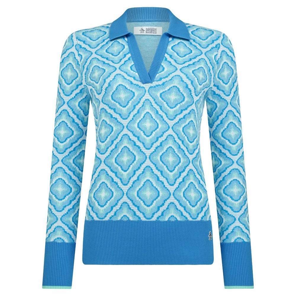 Original Penguin Lattice Jacquard Golf Sweater French Blue - SP25 Women Comfy Fit Piece
