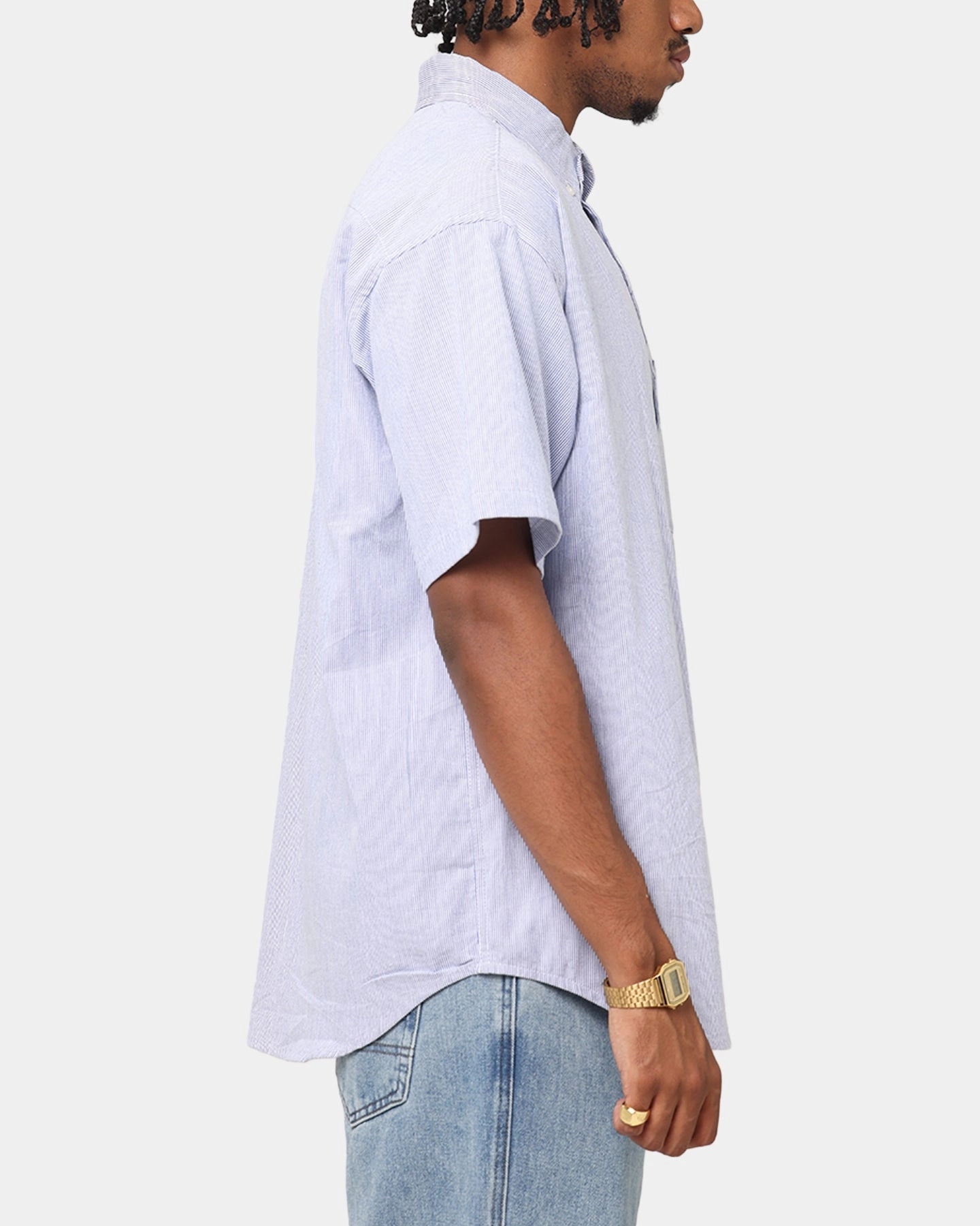 High Neck Lightweight Construction S Double Classic Oxford Button Up Shirt Navy Stripe