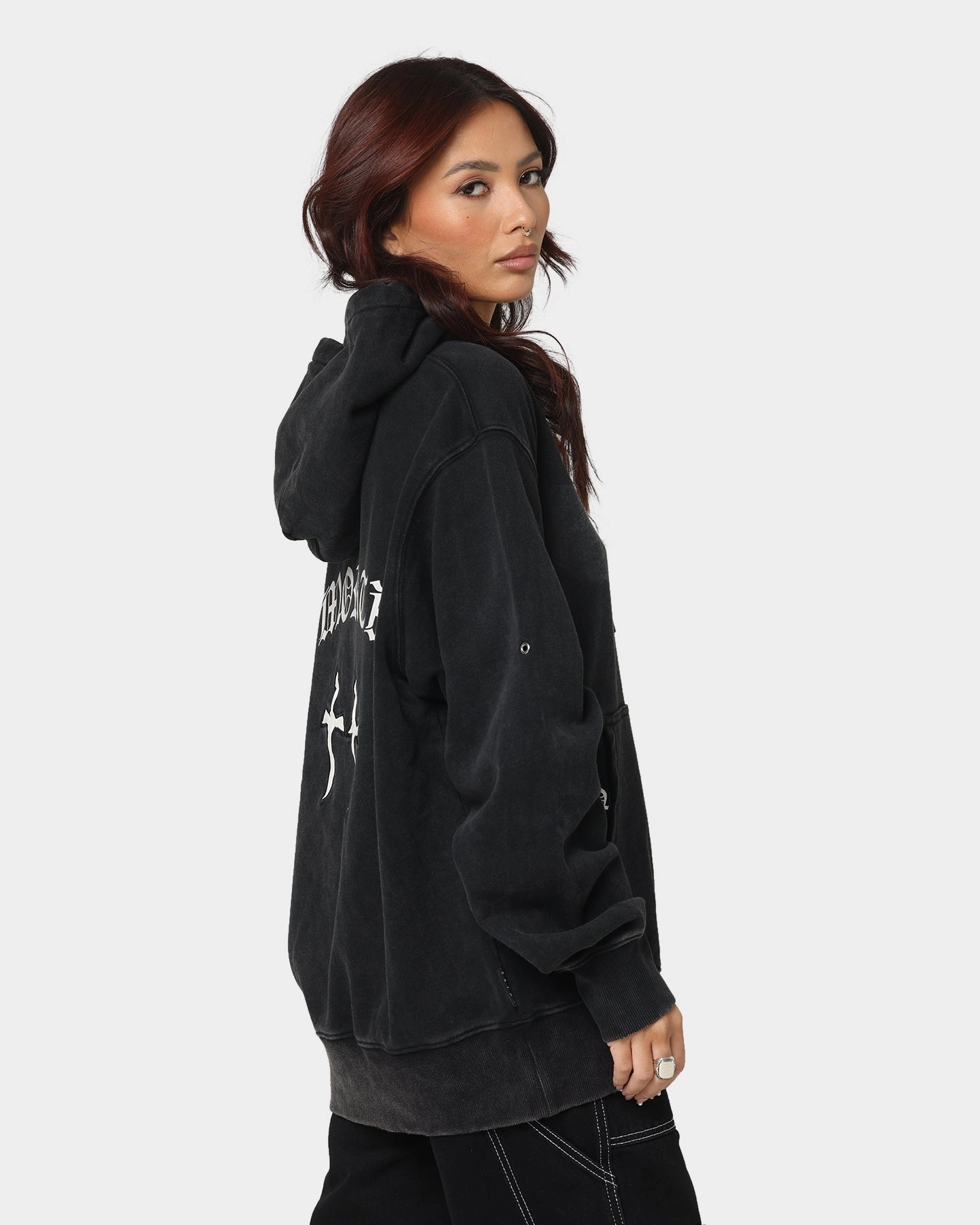 Quilted Stitching Saint Morta Day Of The Dead Hoodie Vintage Black