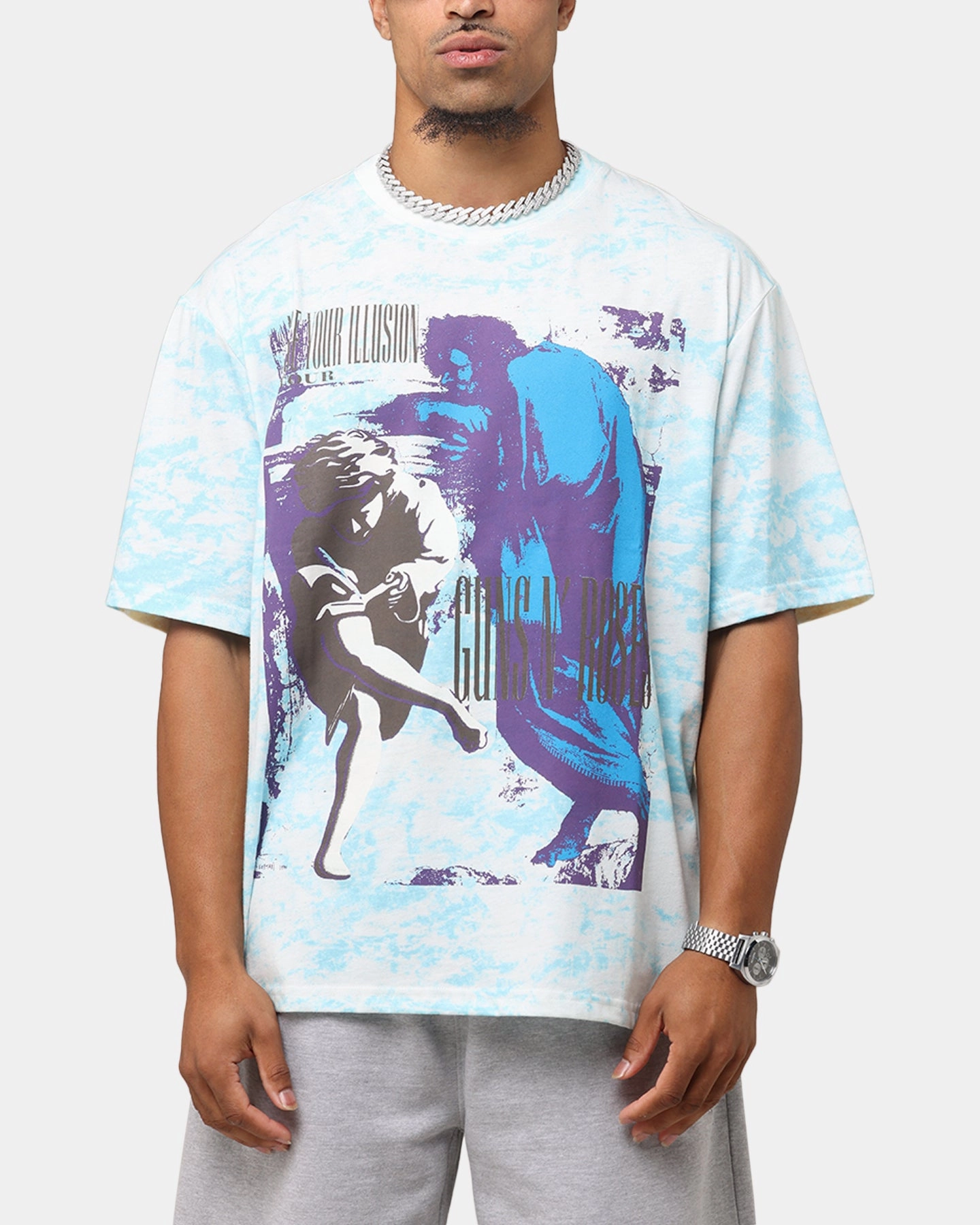 Guns N Roses Roses All Over T-Shirt Washed White ZeroDistressFinish Holiday Comfort Style