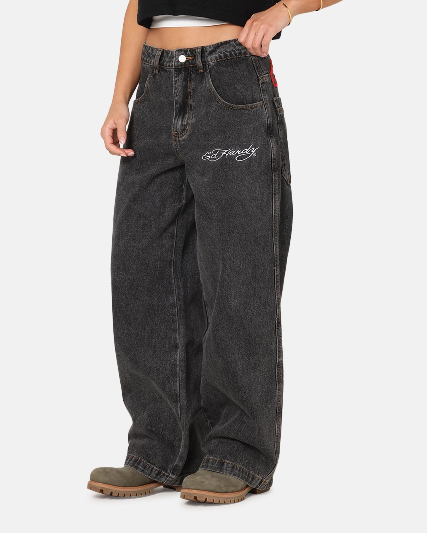 Ed Hardy Wide Leg Jeans Black Stretch Denim Technology