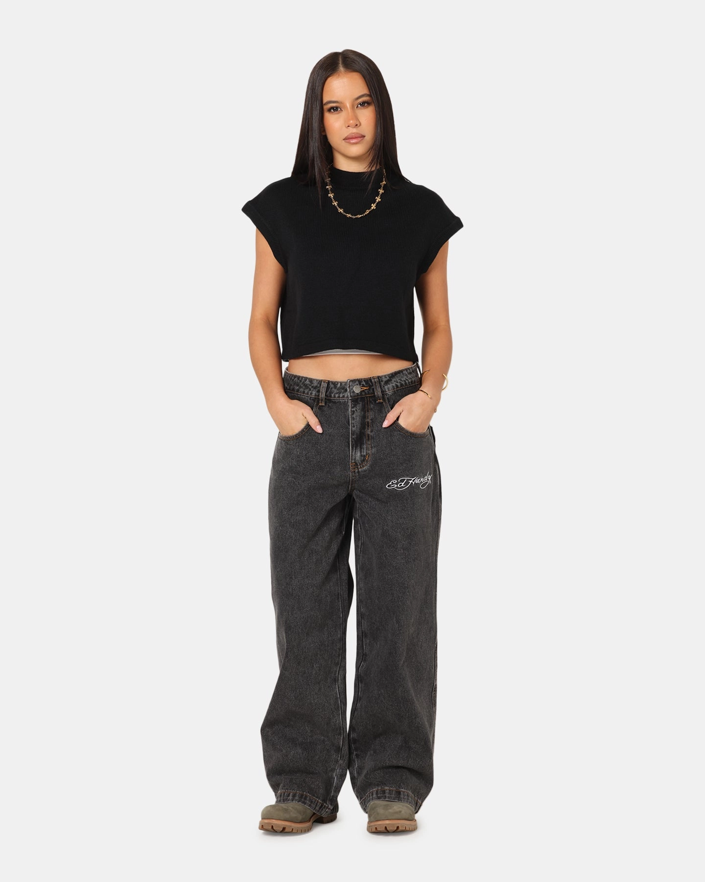 Trusted Outfit Non Fade Fabric Ed Hardy Wide Leg Jeans Black
