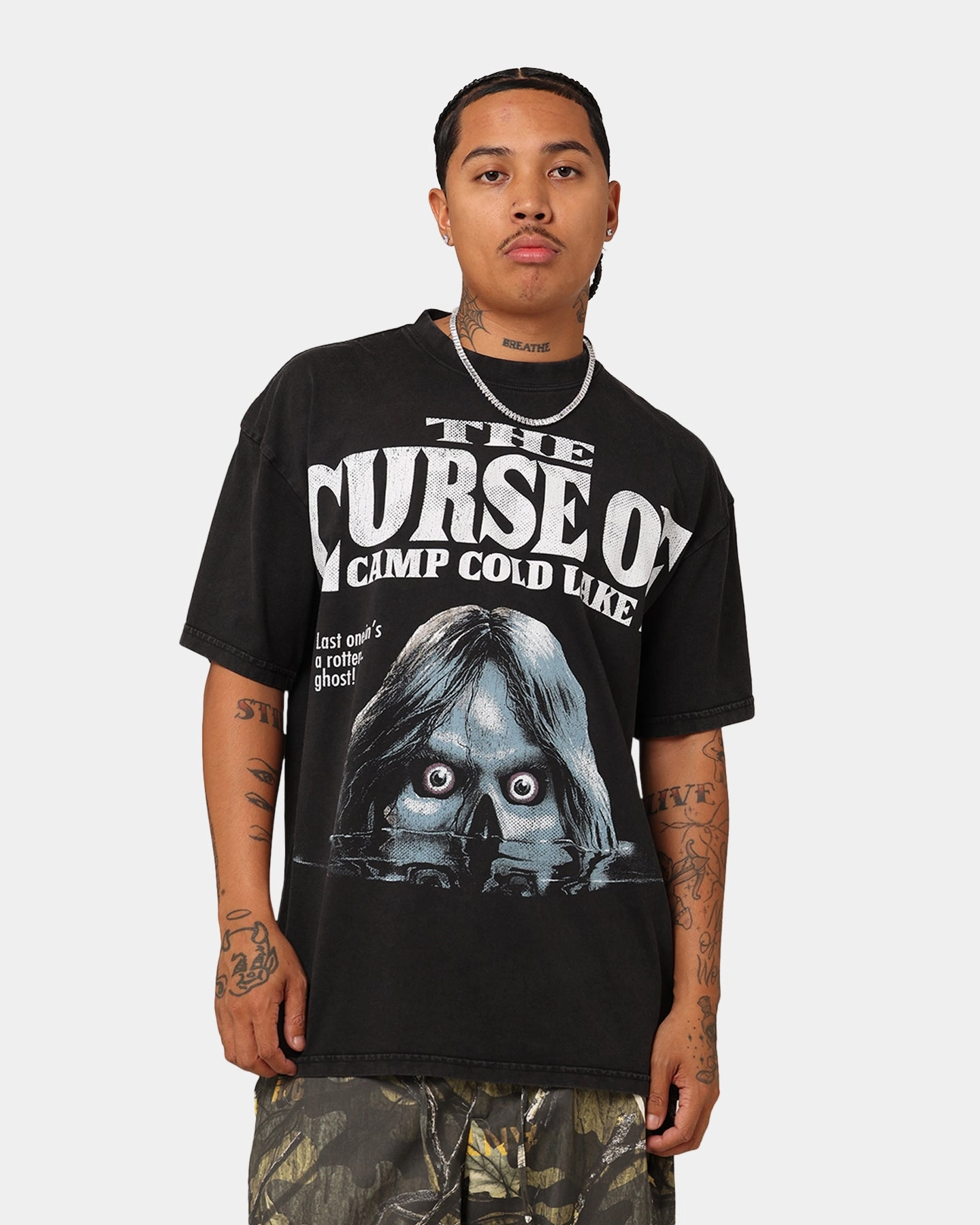 Long Sleeve American Thrift X Goosebumps Cold Lake Vintage T-Shirt Black Wash