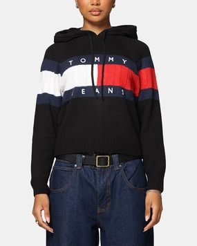 Flexible Armholes Tommy Jeans Women's TJW Center Flag Hoodie Sweater Black