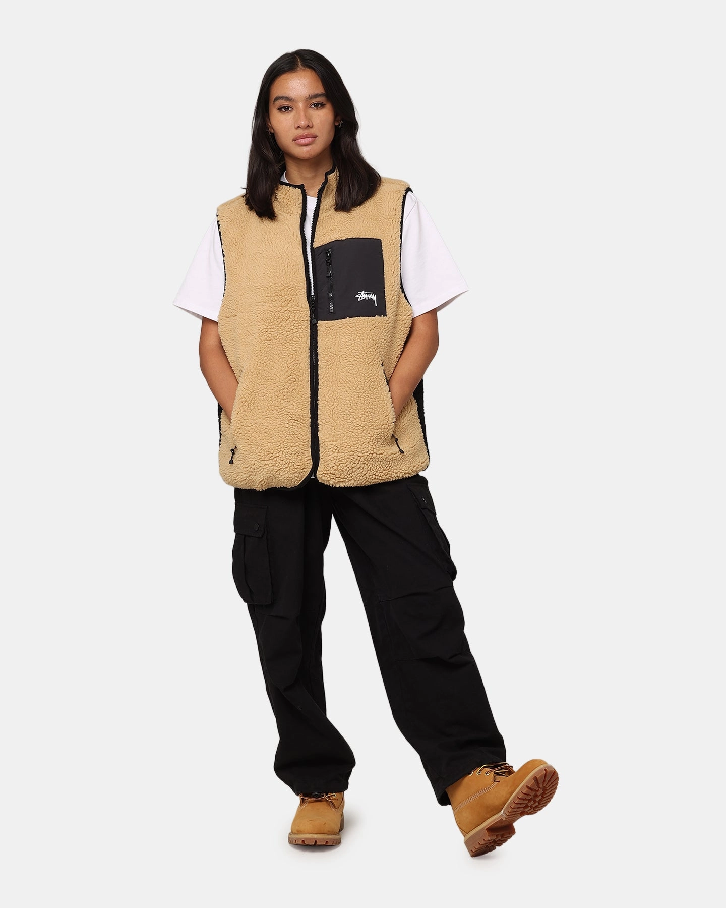 St??ssy 8 Ball Sherpa Reversible Vest Tan Snag Free Surface