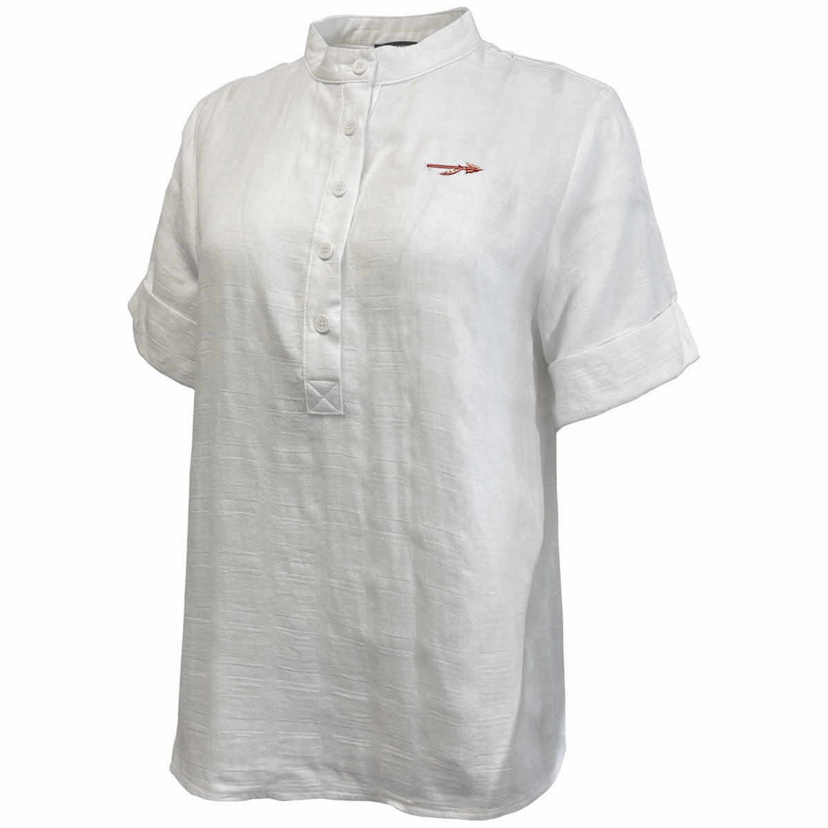 contrast Emerson Street Women's Spear Logo Short Sleeve Woven Top - White