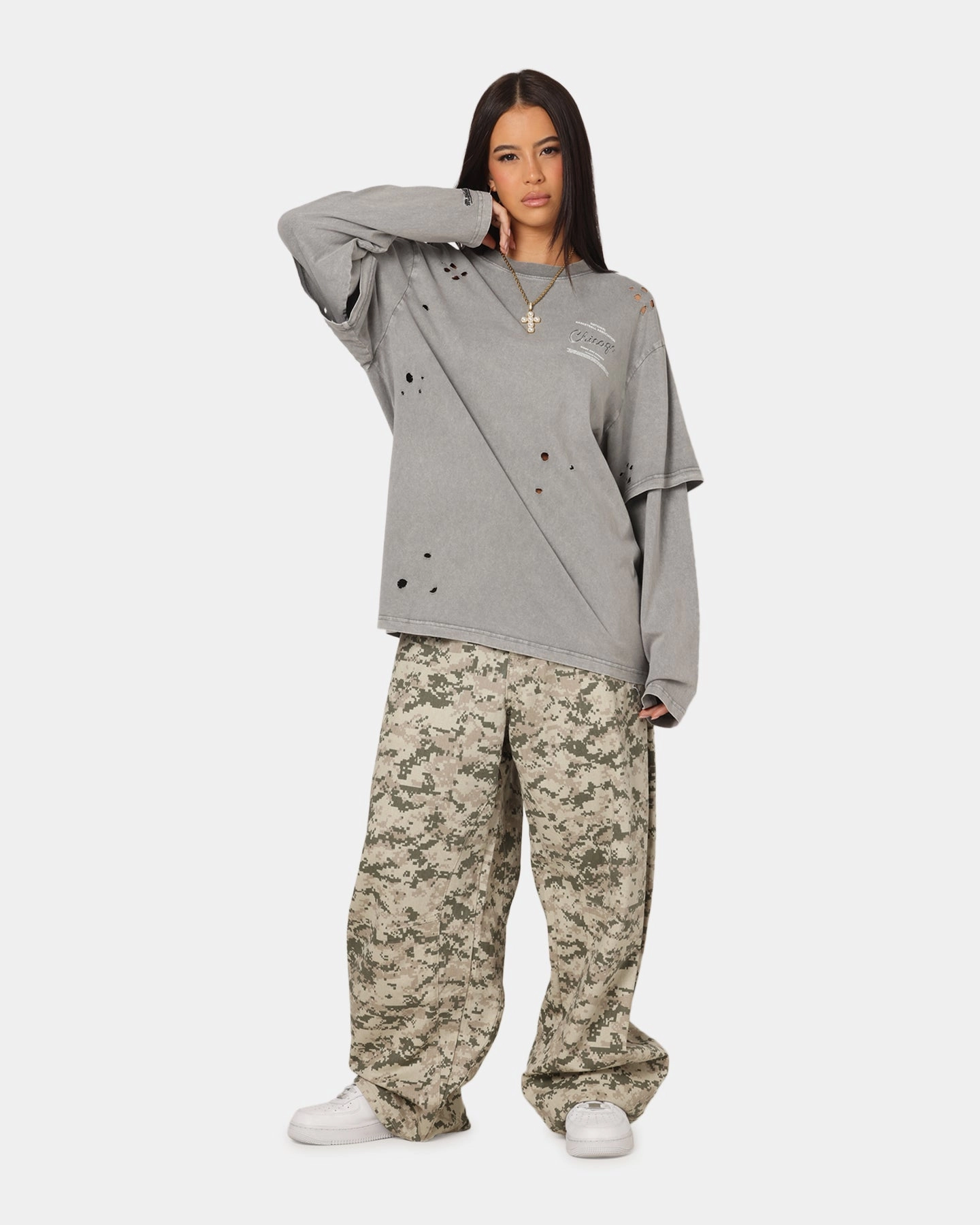 Flexible Fit Heathered Texture Mitchell & Ness Chicago Bulls Chromed Mock Long Sleeve T-Shirt Gunmental Grey