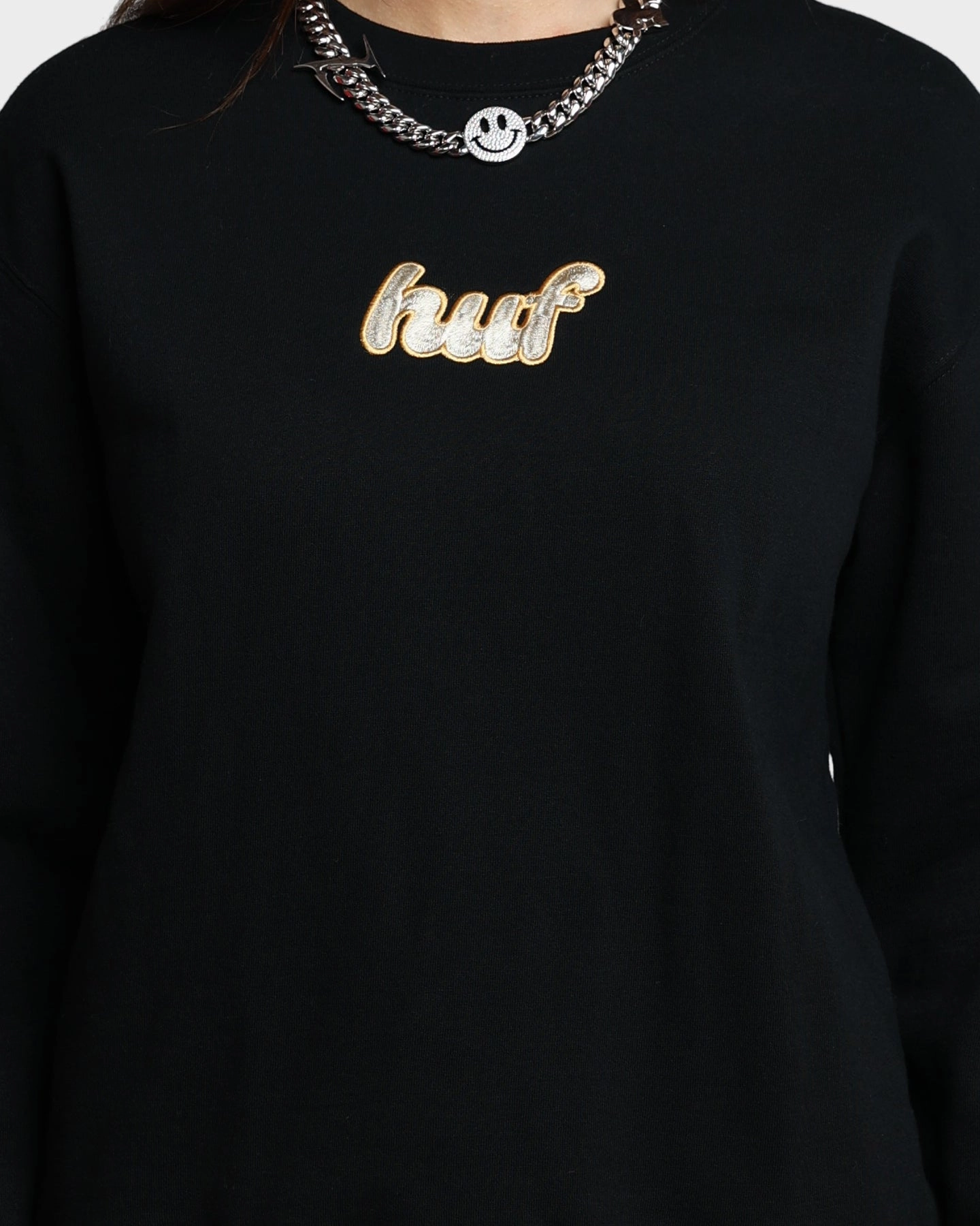 HUF Women's Italicized Crewneck Black DoubleStitchSeams Bomber Cut