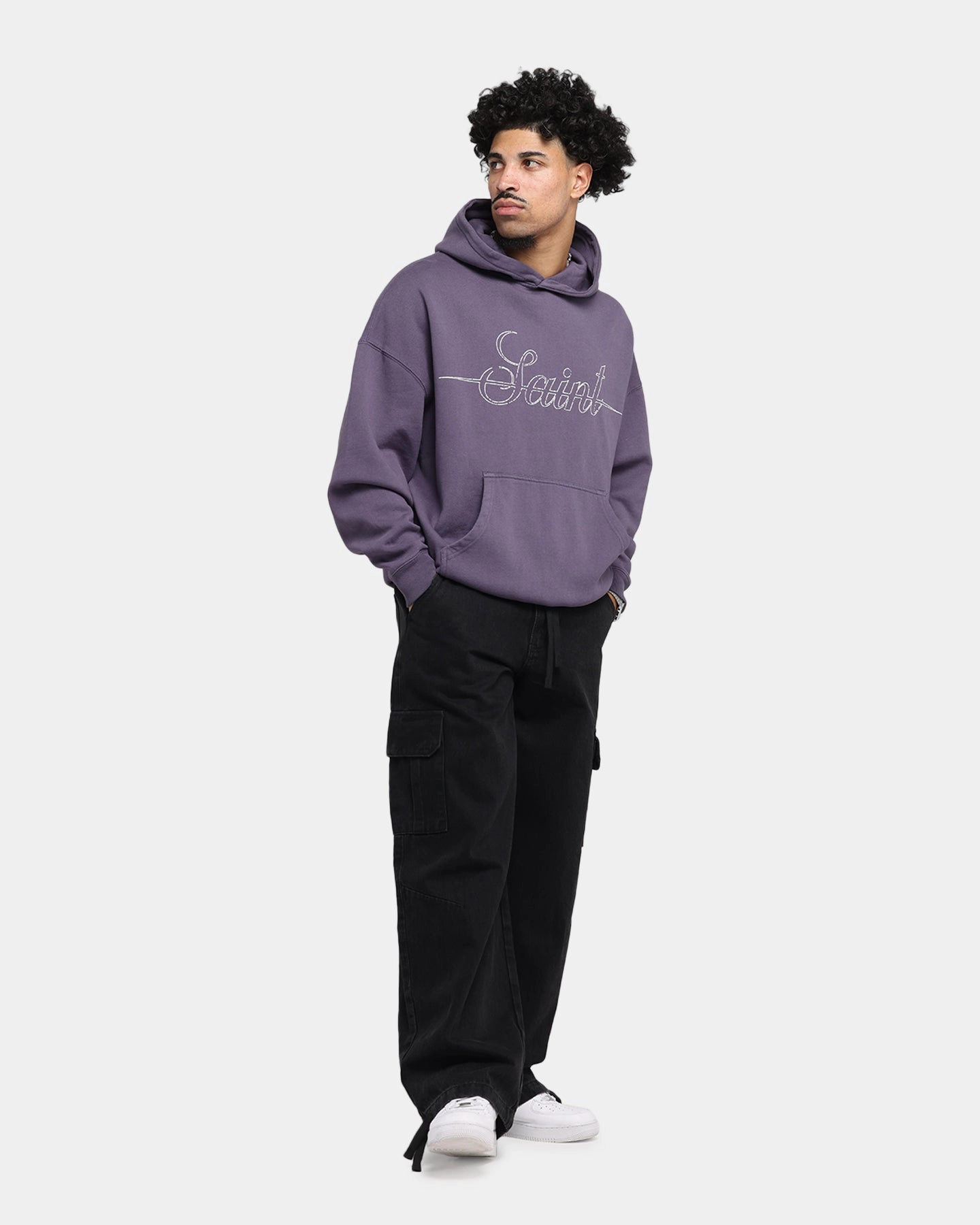 Coastal - defense - capable Saint Morta Cursive Boxy Hoodie Purple