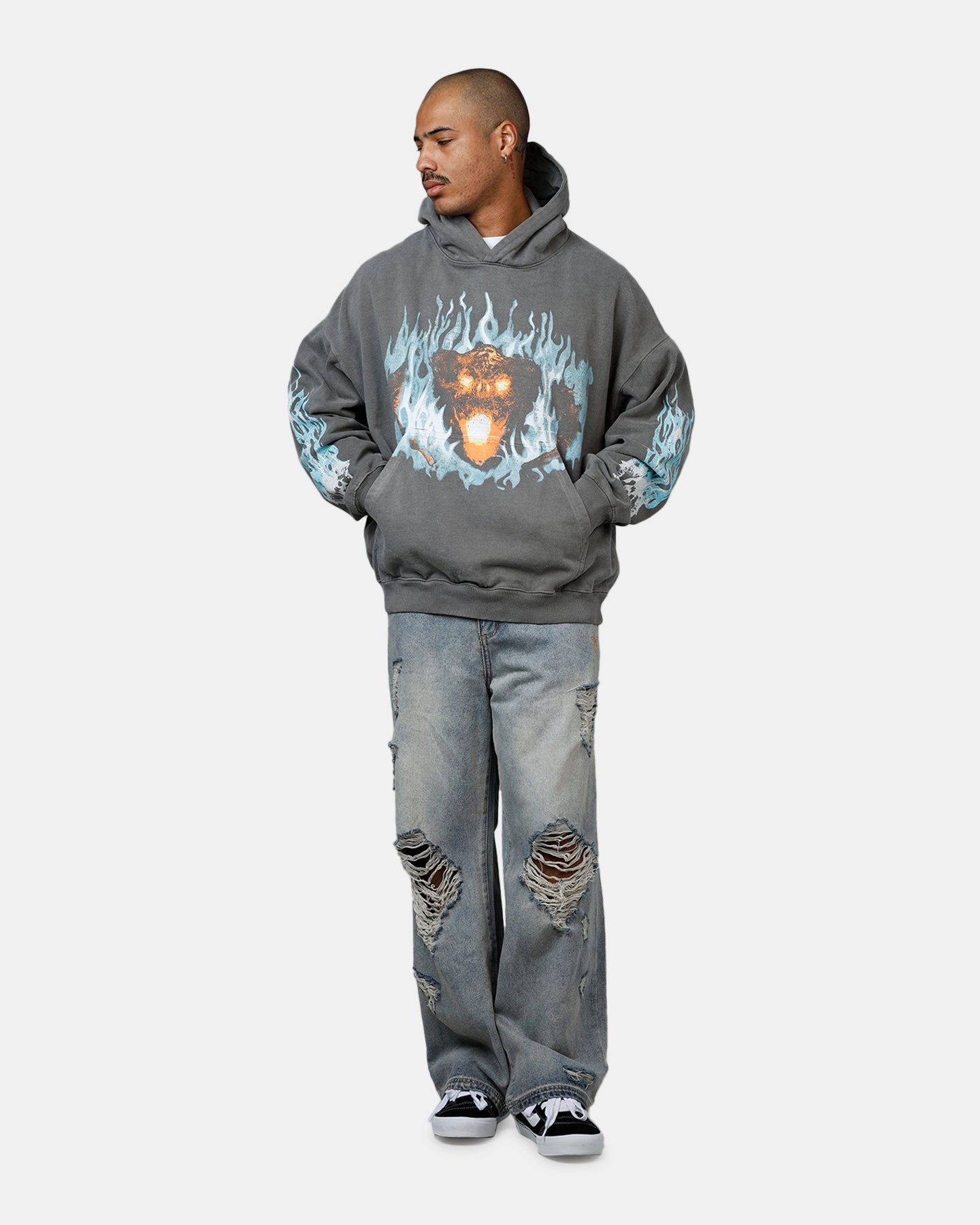 American Thrift X Lord Of The Rings The Balrog Premium Hoodie Washed Charcoal popular in Africa Romance