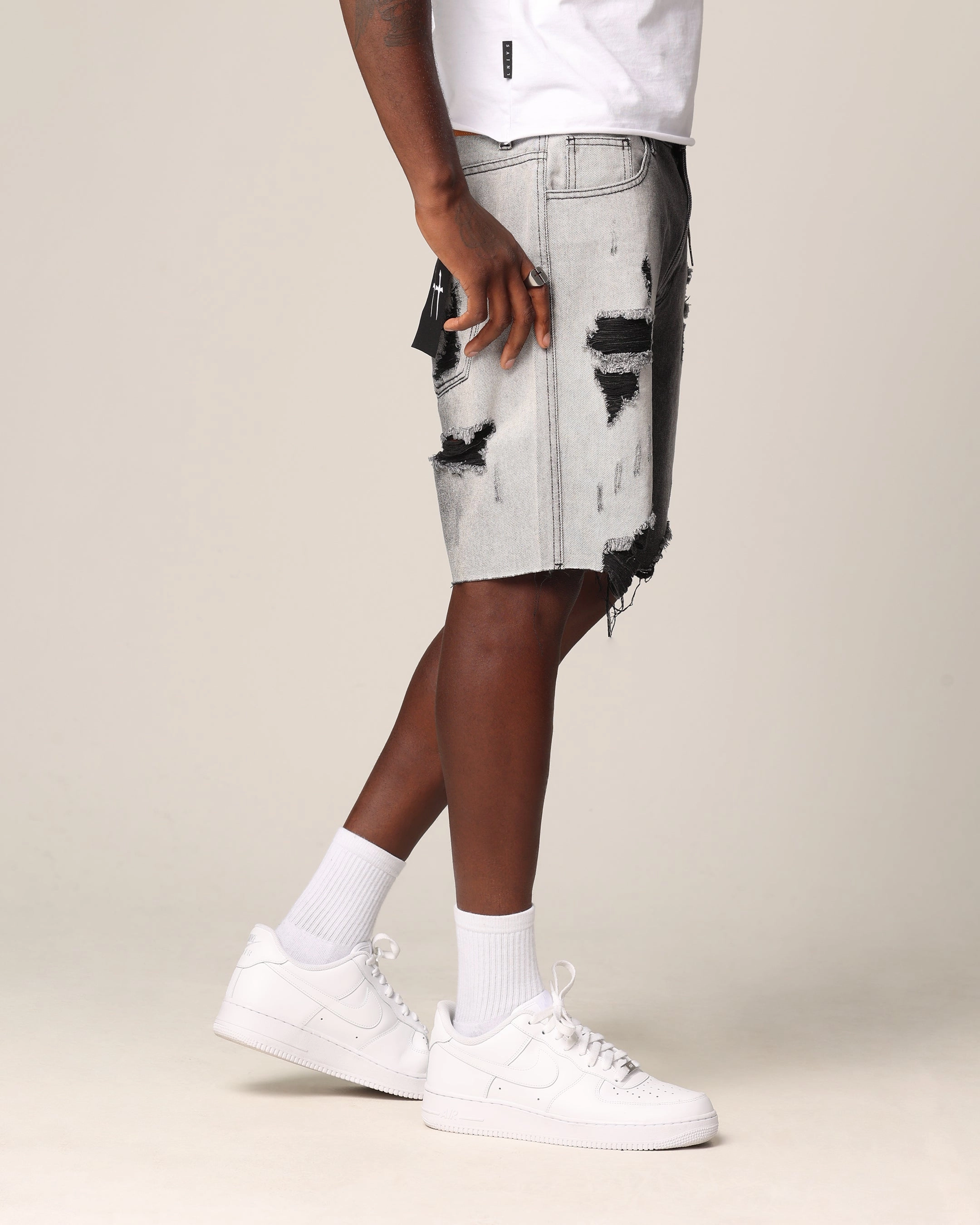Saint Morta Sidewinder Denim Shorts Black Wash Reinforced Hems