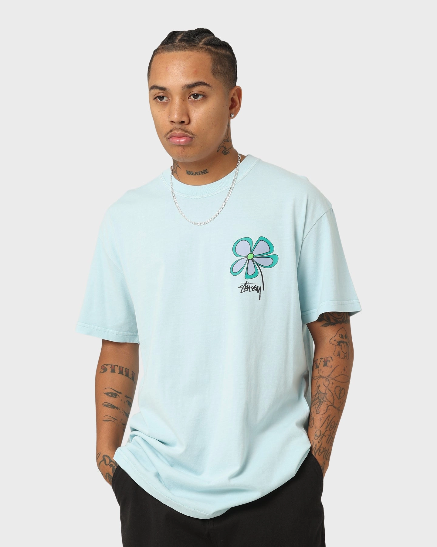 Low Impact Processing Street Outfit Stussy Flower 50-50 T-Shirt Pigment Light Blue
