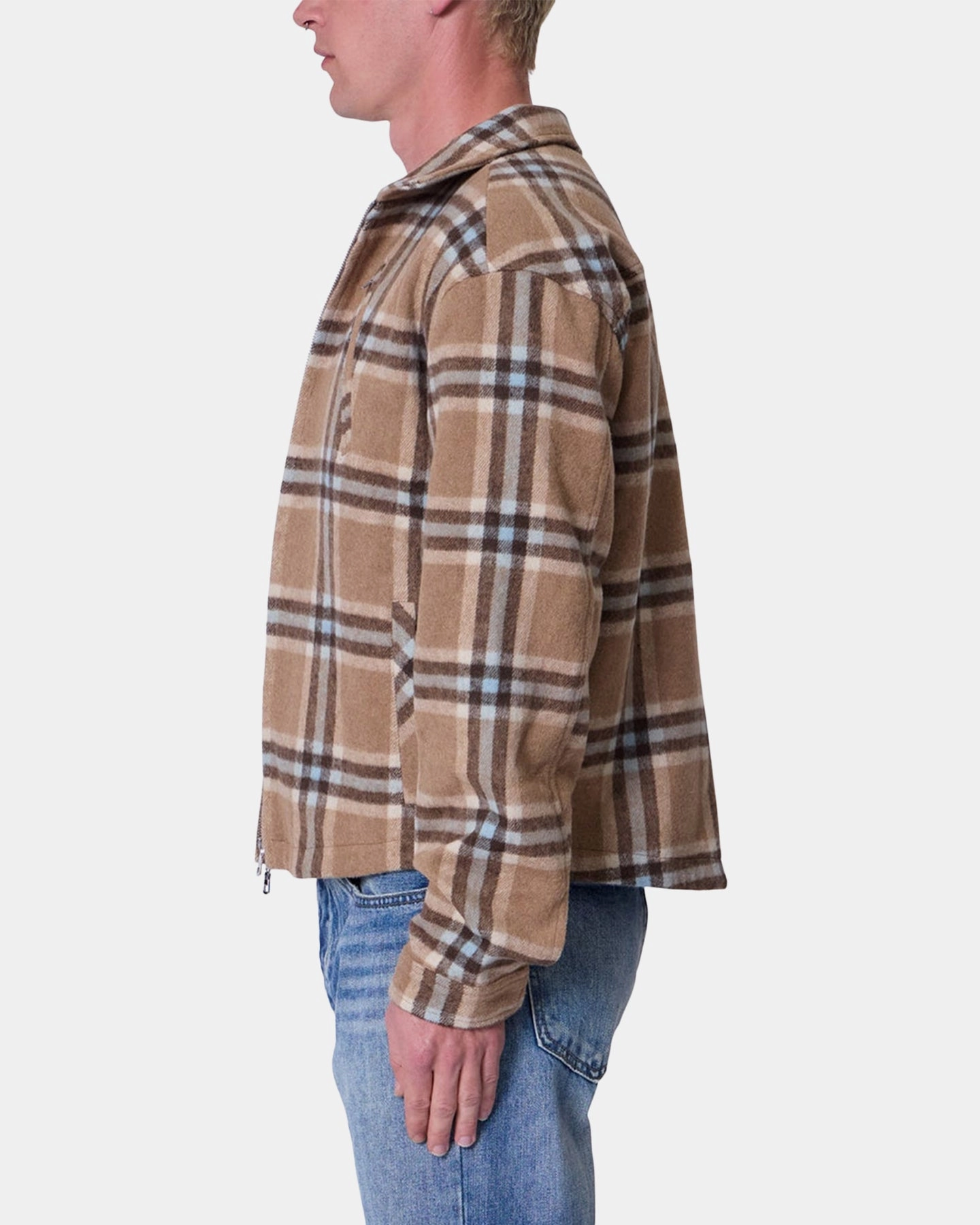MNML Plaid Flannel Front Zip Jacket Brown/Cream Ultra Thin Insulation