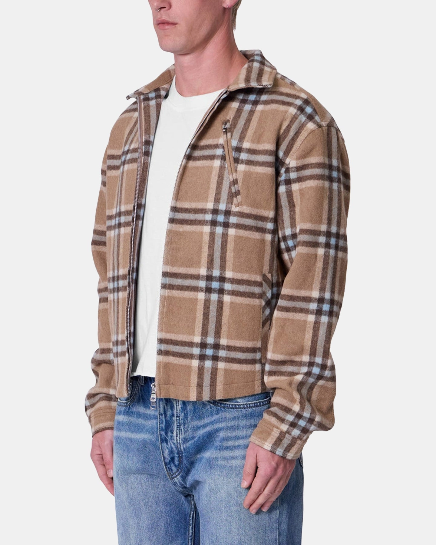 Rugged Protection MNML Plaid Flannel Front Zip Jacket Brown/Cream