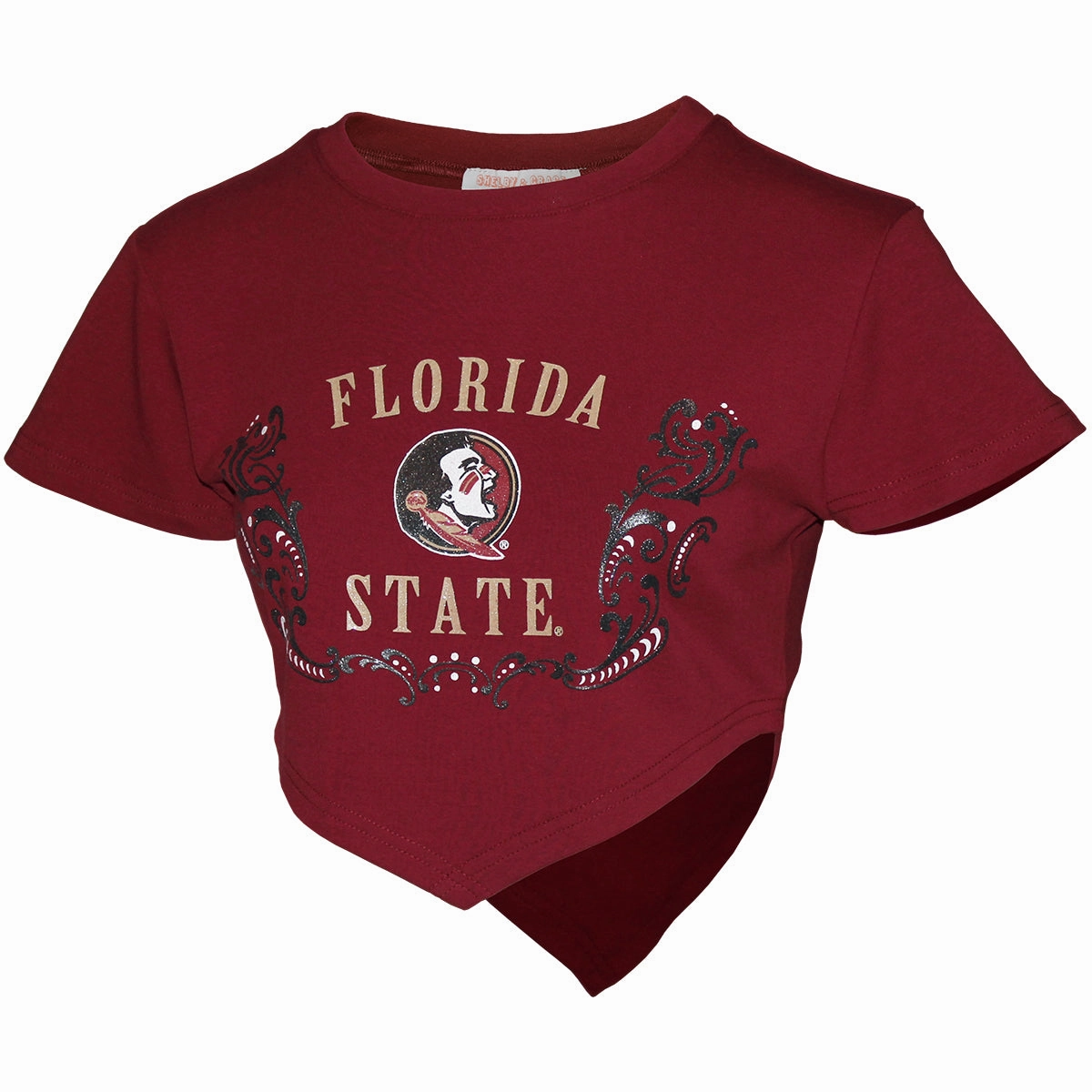 Soft Cotton Feel Gym workout Emerson Street Women's Florida State/Seminole Logo Glitter Design Short Sleeve Crop Dart T-shirt - Garnet