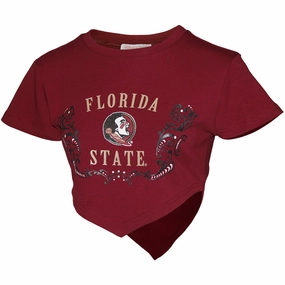 sequined details Fur combination Emerson Street Women's Florida State/Seminole Logo Glitter Design Short Sleeve Crop Dart T-shirt - Garnet