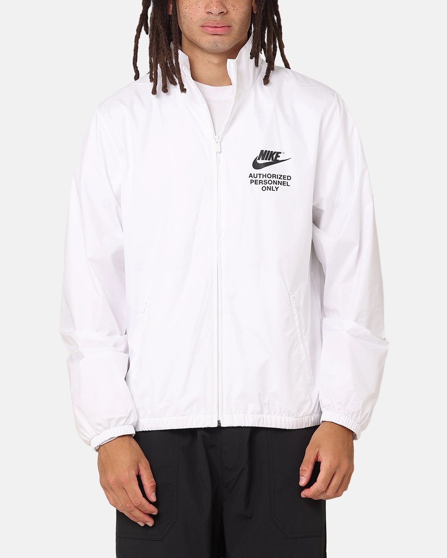 Nike Woven Full Zip Jacket White/White/Black Side Pockets Fall Friendly