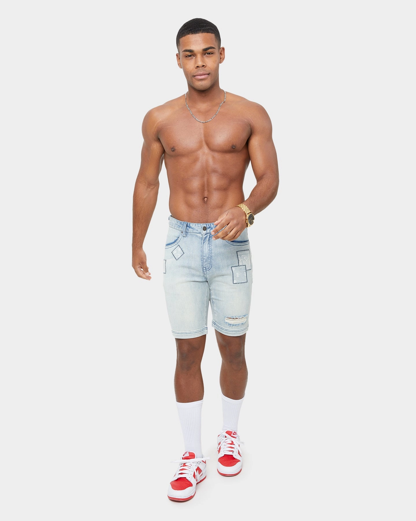Carre Bandana Ultra Patchwork Denim Shorts Light Blue Stain Repellent Treatment