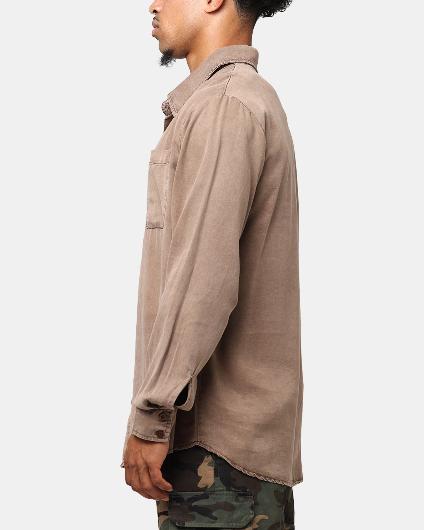 XXIII Acid Wash Button Up Over Shirt Washed Brown No Slip Shoulder Grips