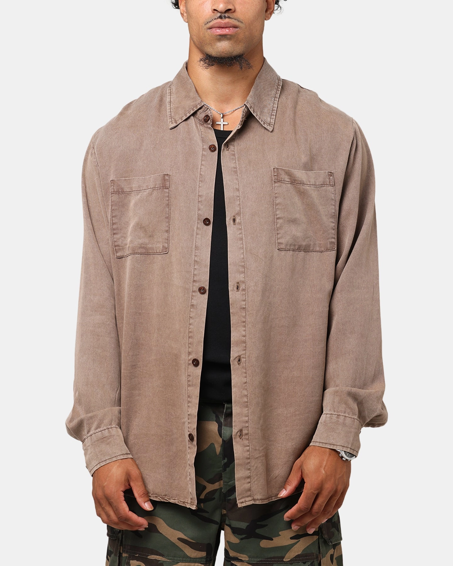 XXIII Acid Wash Button Up Over Shirt Washed Brown Hiking Gear