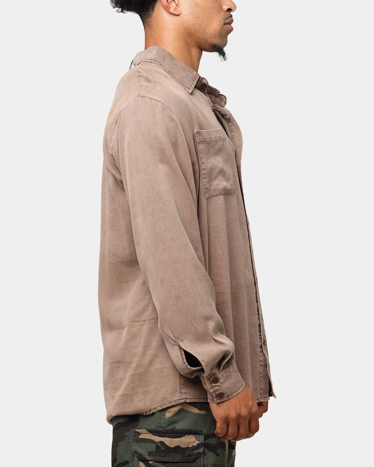 XXIII Acid Wash Button Up Over Shirt Washed Brown Urban Trend