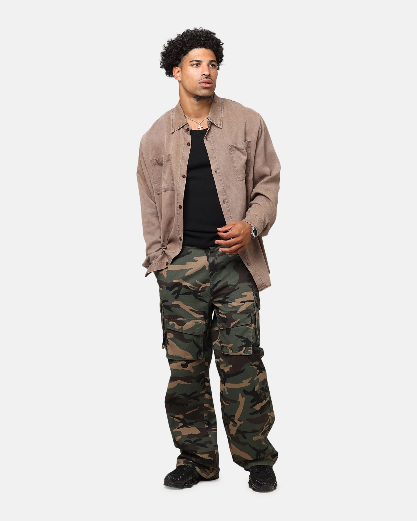 Casual Wear Textured Finish XXIII Acid Wash Button Up Over Shirt Washed Brown