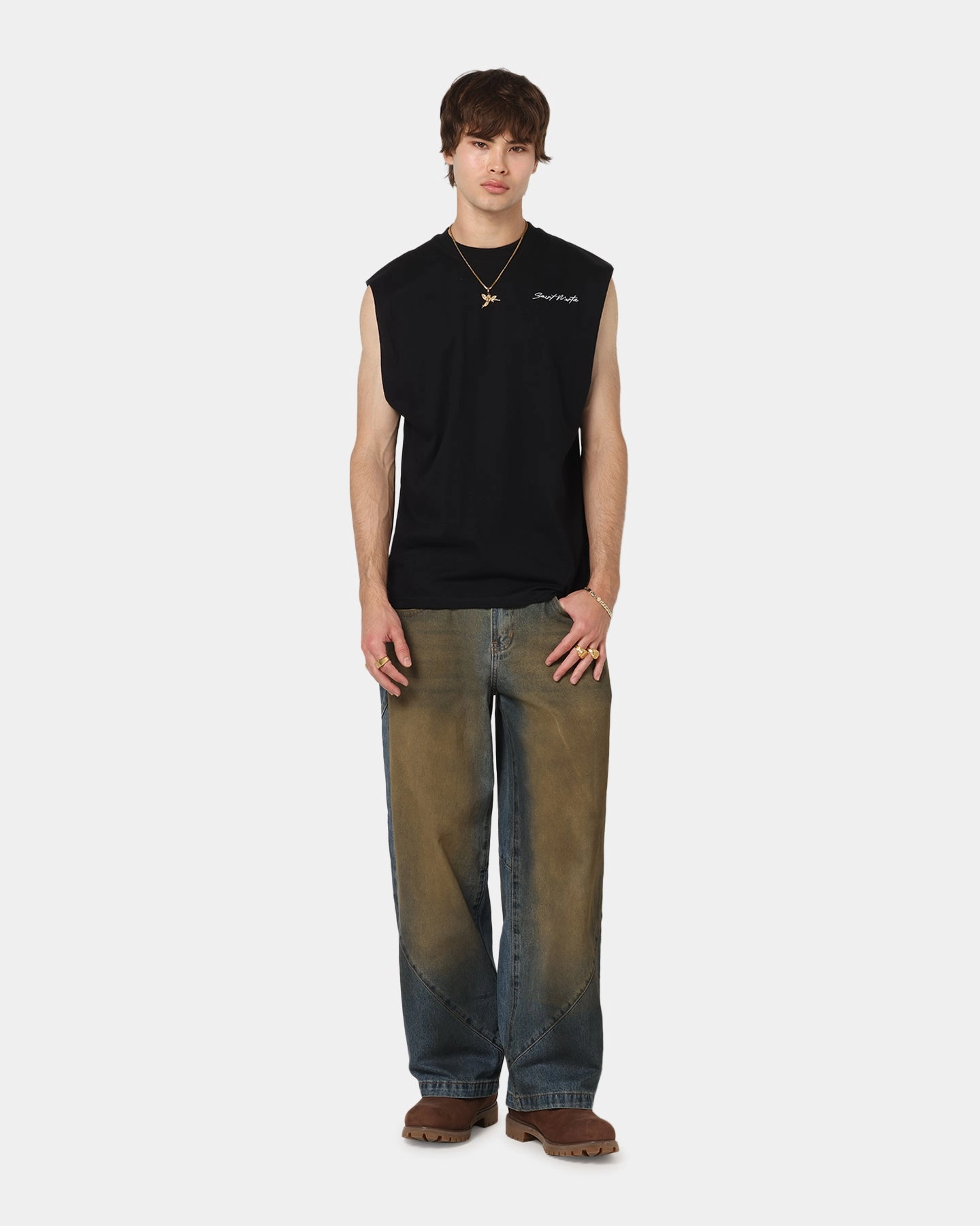 Saint Morta Scription Oversized Muscle T-Shirt Black Heather Jersey Material Sports Outfit