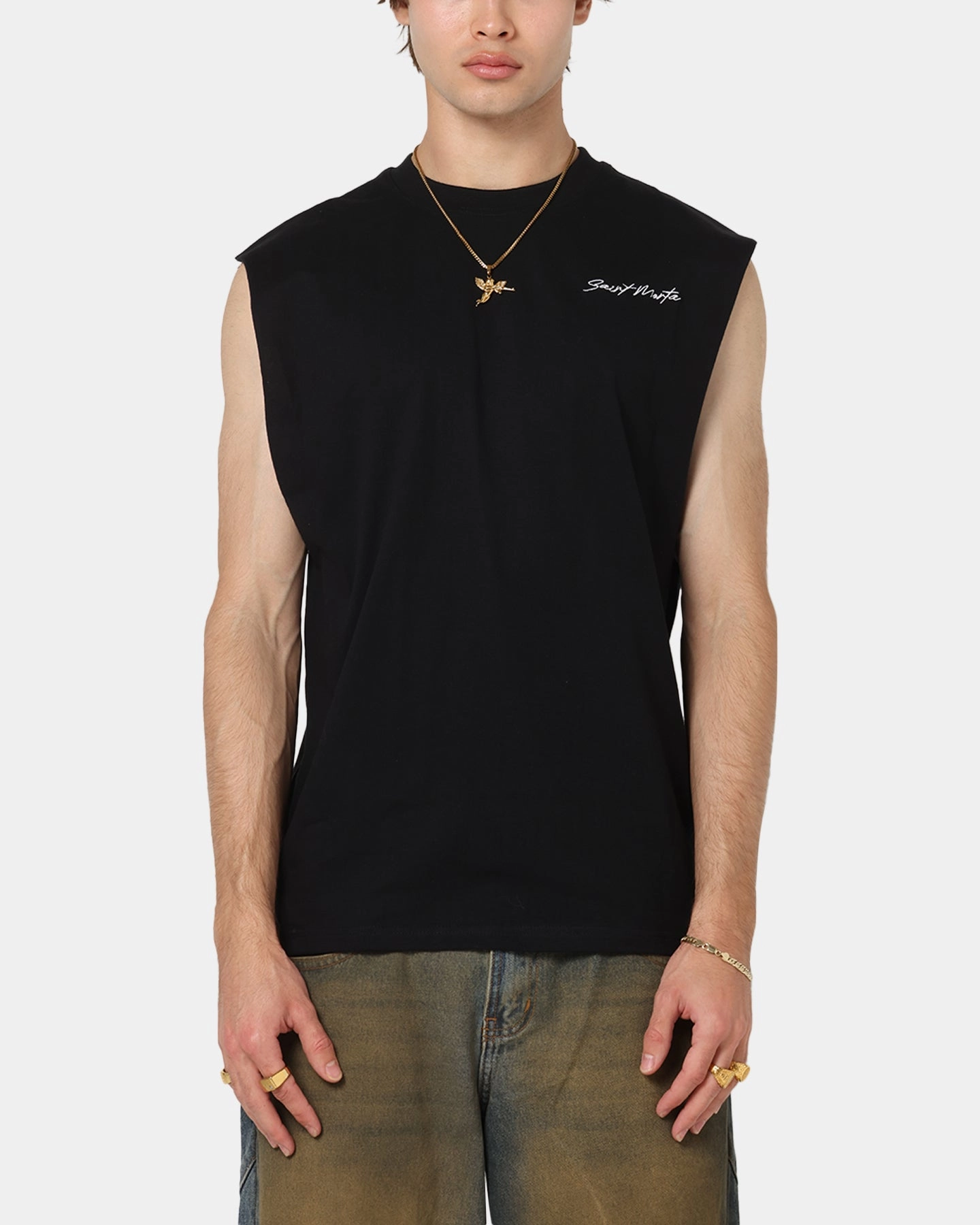 Cozy Vibe Wear Saint Morta Scription Oversized Muscle T-Shirt Black