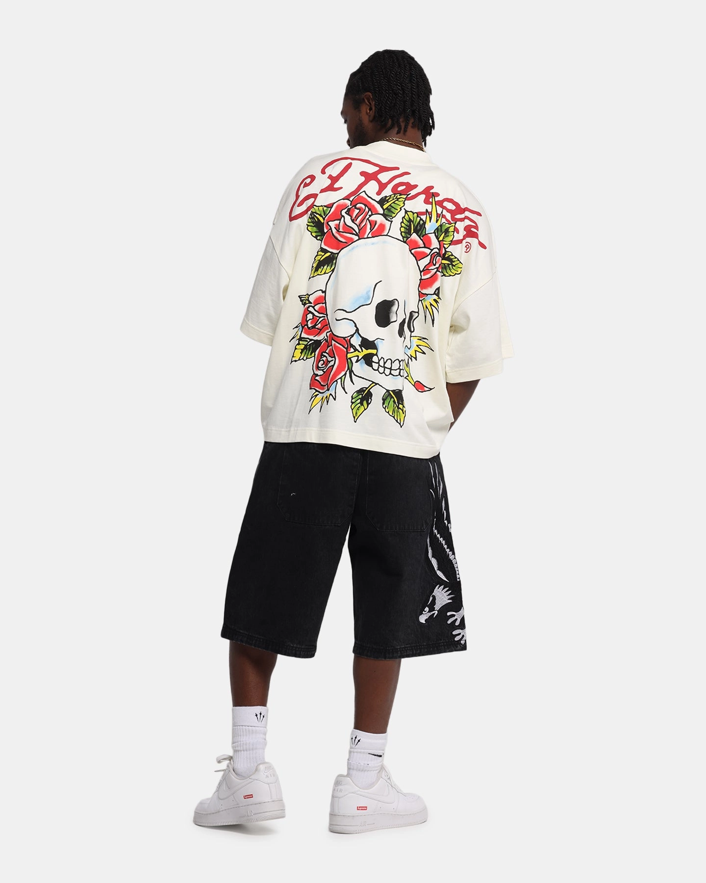 Chilly Layer Eco Friendly Dyes Ed Hardy Rose Skull Oversized Print T-Shirt Off White