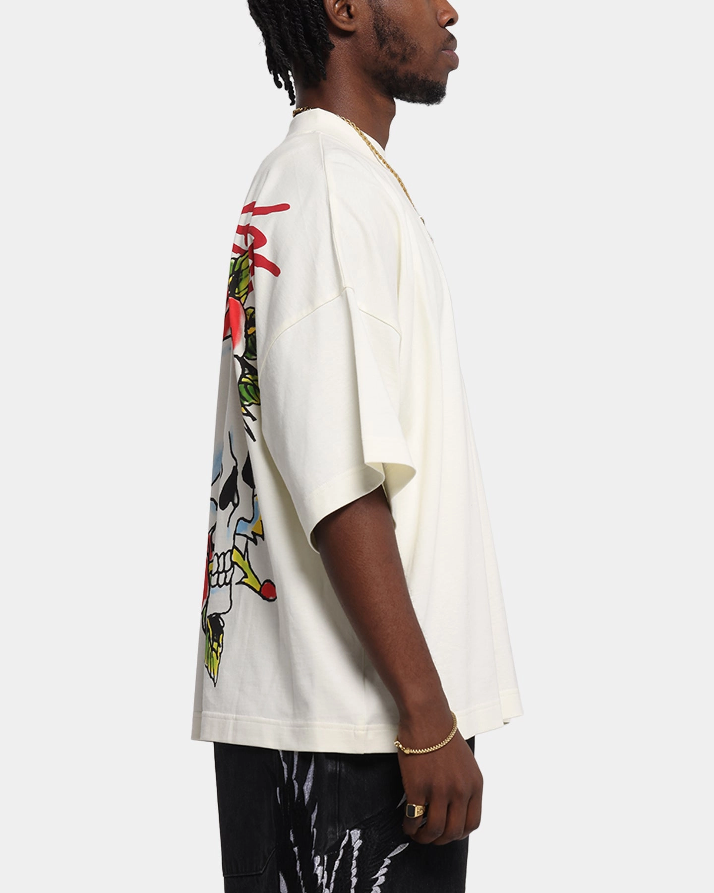 Cool Design Casual Style Ed Hardy Rose Skull Oversized Print T-Shirt Off White