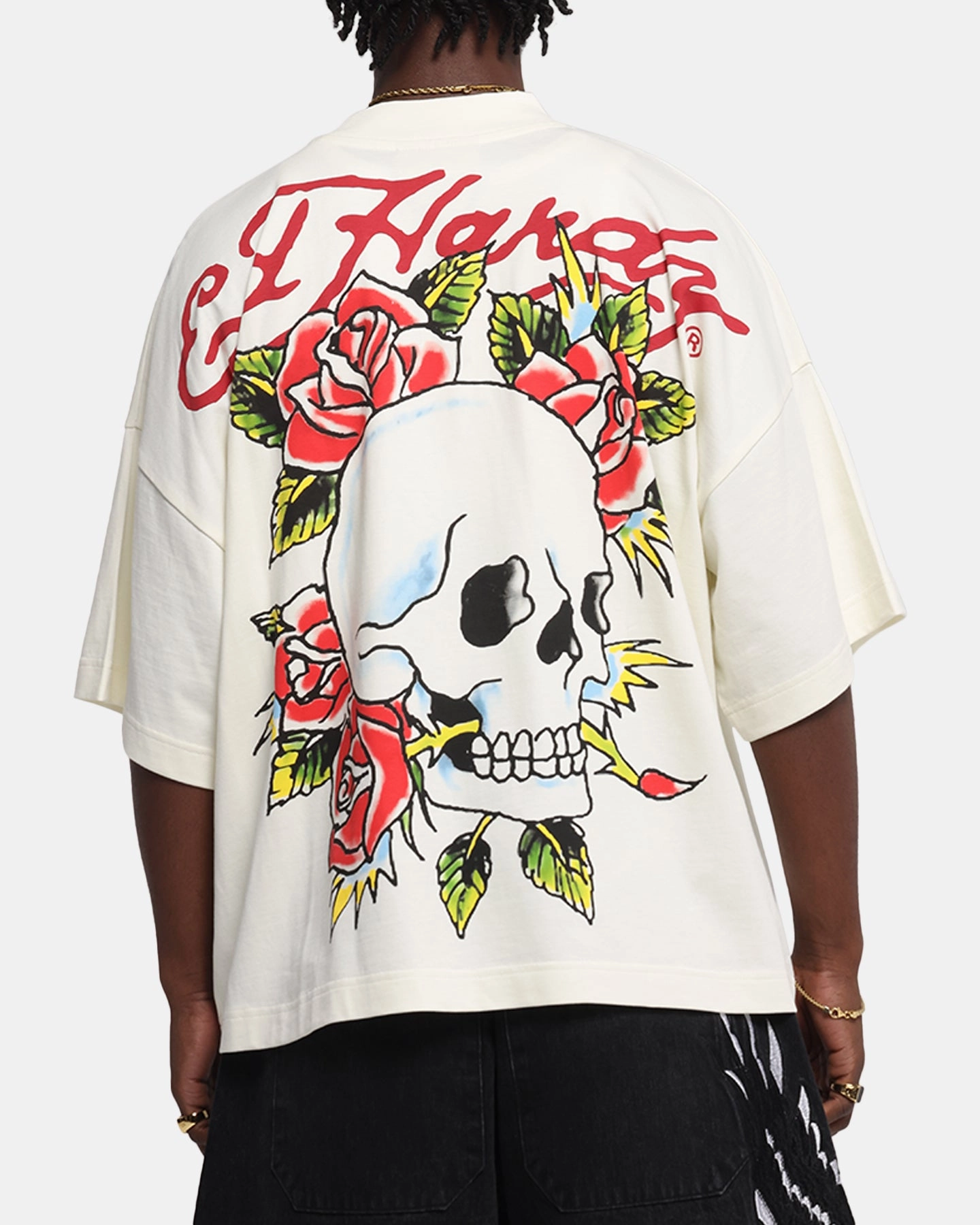 Ed Hardy Rose Skull Oversized Print T-Shirt Off White Weekend Smart